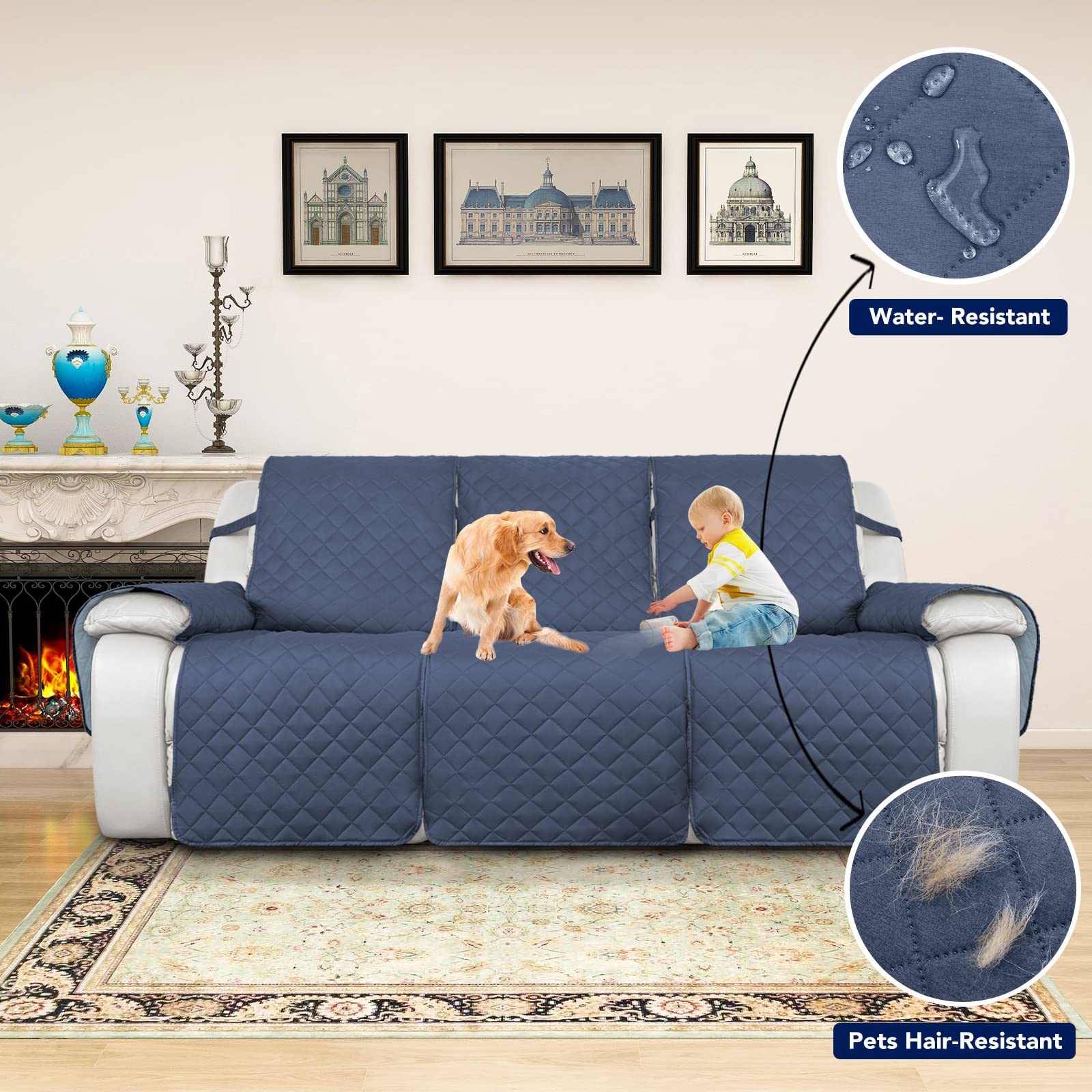 PureFit Waterproof Reversible Sofa Cover for Recliner 3-Seater - Non-Slip Split Design, Washable Furniture Protector for Pets & Kids (Dark Blue/Light Blue) | Perfect for Living Room, Family Room & Pet-Friendly Homes