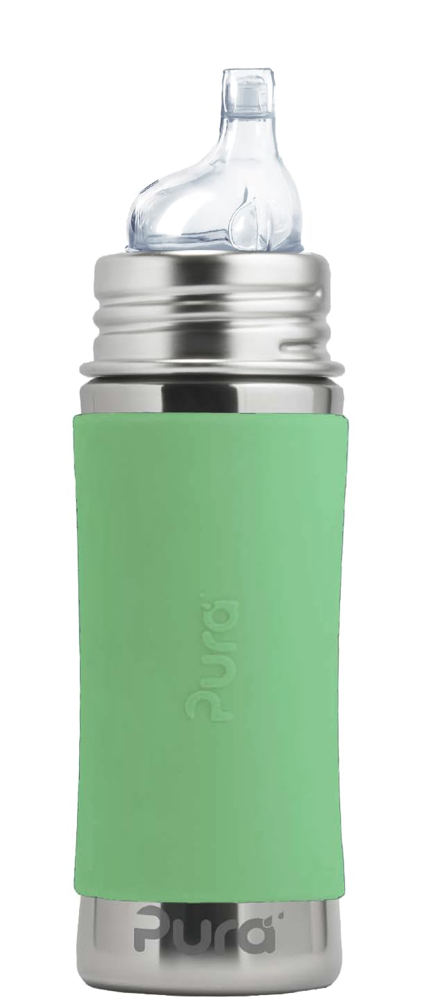 Pura Kiki 11oz/325ml Stainless Steel Sippy Cup with Insulated Sleeve | Plastic-Free, MadeSafe Certified | Medical-Grade XL Silicone Spout Fast Flow for Kids, Toddlers & Babies | Leak-Proof & BPA-Free | Perfect for Daycare, Travel & Outdoor Activities - Moss Green