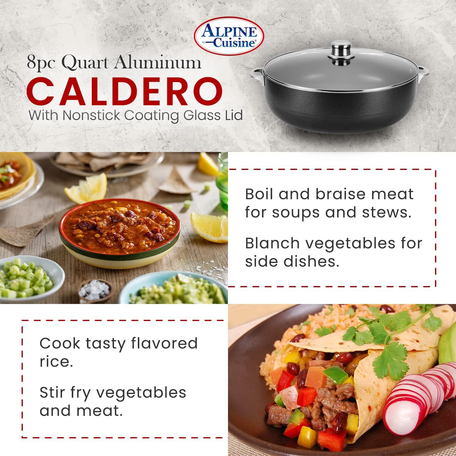 Alpine Cuisine 8-Piece Aluminum Non-Stick Caldero Stock Pot Set (2, 3.5, 7, 13 Quart) - Heavy Duty Cookware for Home Kitchen & Professional Chefs - Multipurpose Dutch Oven for Soups, Stews, Rice, Pasta & Braising - Perfect for Family Dinners, Meal Prep & Catering Events