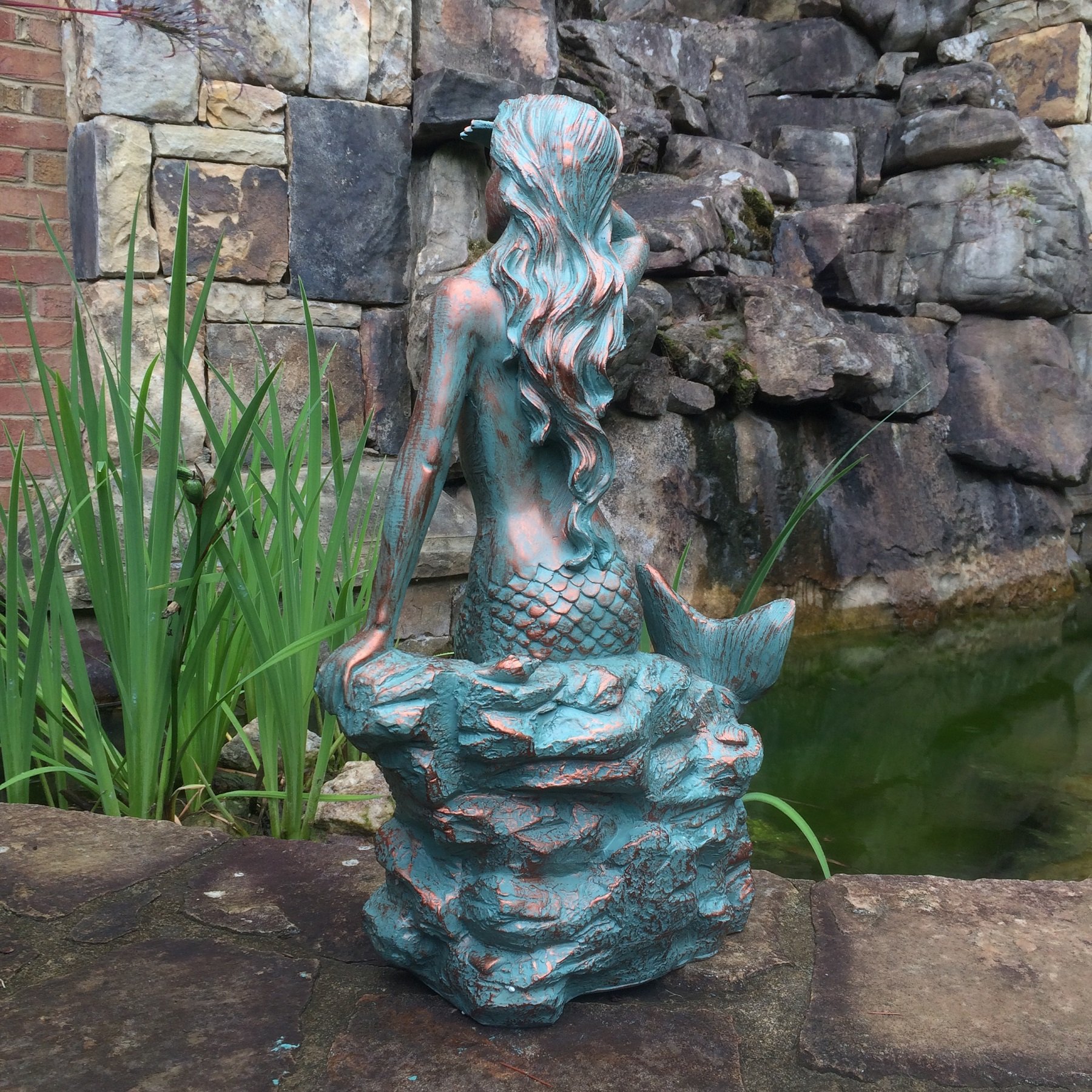 HomeStyles Medium Classic Beach Mermaid on Rock Statue 99371 - 23 Inch Bronze Patina Outdoor Garden Decor for Poolside, Patio & Coastal Themed Spaces
