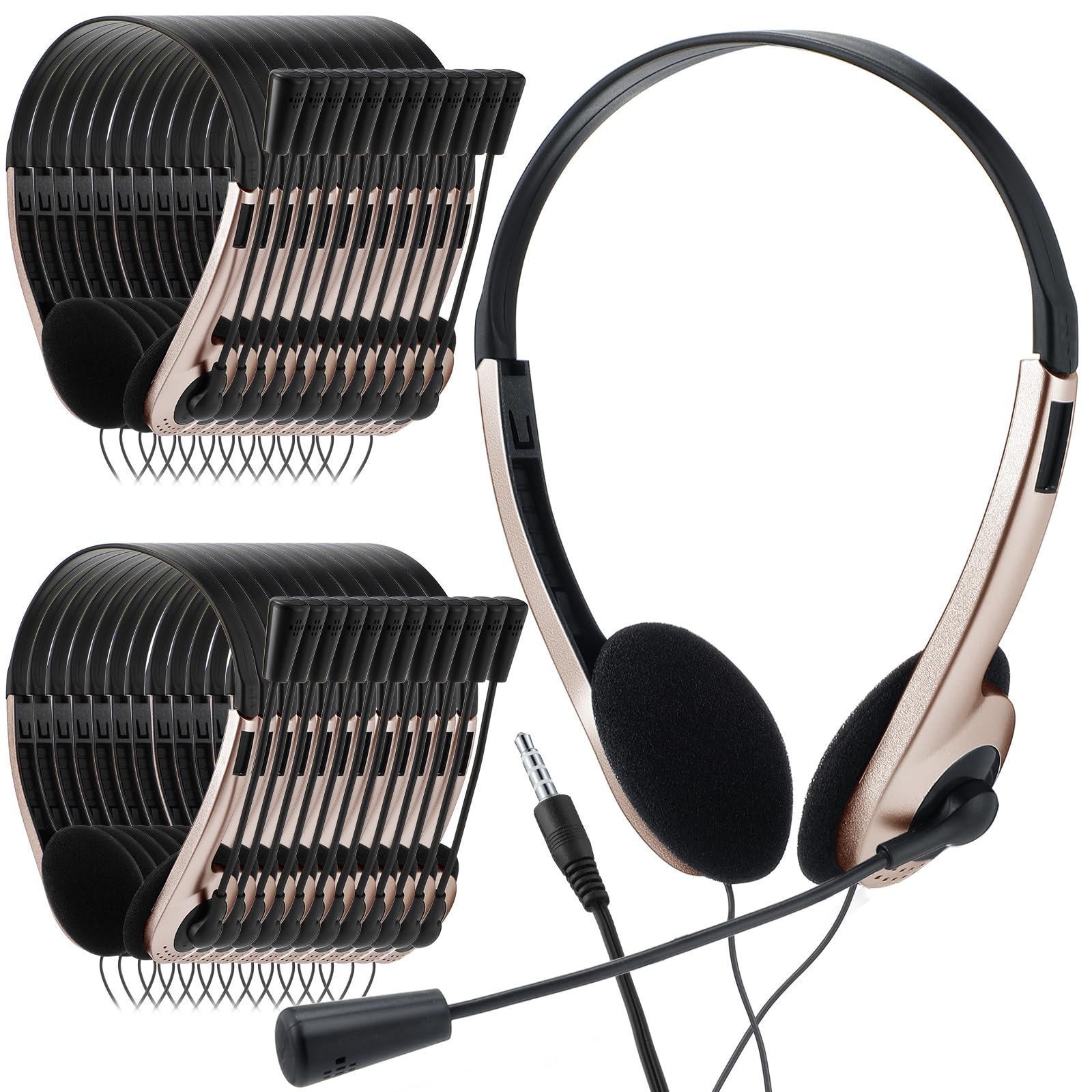 Yunsailing 30 Pack Kids Classroom Headphones with Microphone - Bulk School Headphones for Students, Lightweight Adjustable On-Ear Headphones with 3.5mm Jack (Rose Gold) - Perfect for Online Learning, School Computer Labs & Distance Education