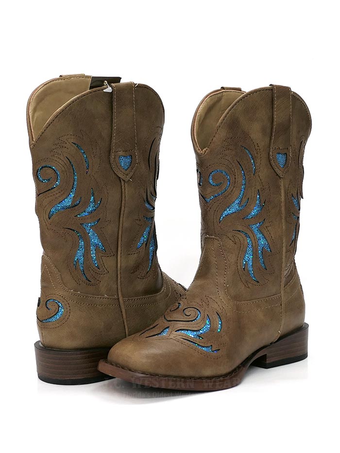 Roper 1549TA Kids GLITTER BREEZE Square Toe Bling Cowgirl Boots - Tan Western Boots for Girls, Sparkly Cowgirl Boots for Kids, Perfect for Rodeo, Dance & Western Parties