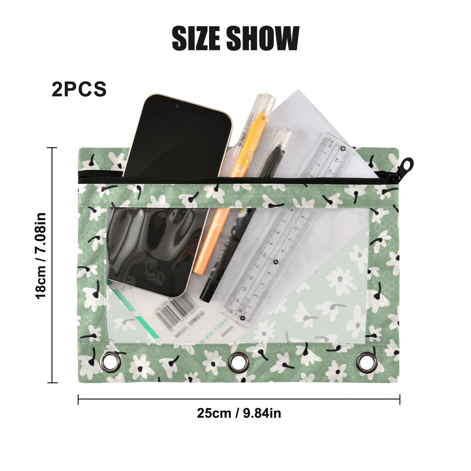 Daisy Sage Green 3-Ring Binder Pencil Pouch 2-Pack - Waterproof Plastic Zippered Pencil Case & Cosmetic Organizer for School, Office & Travel Supplies