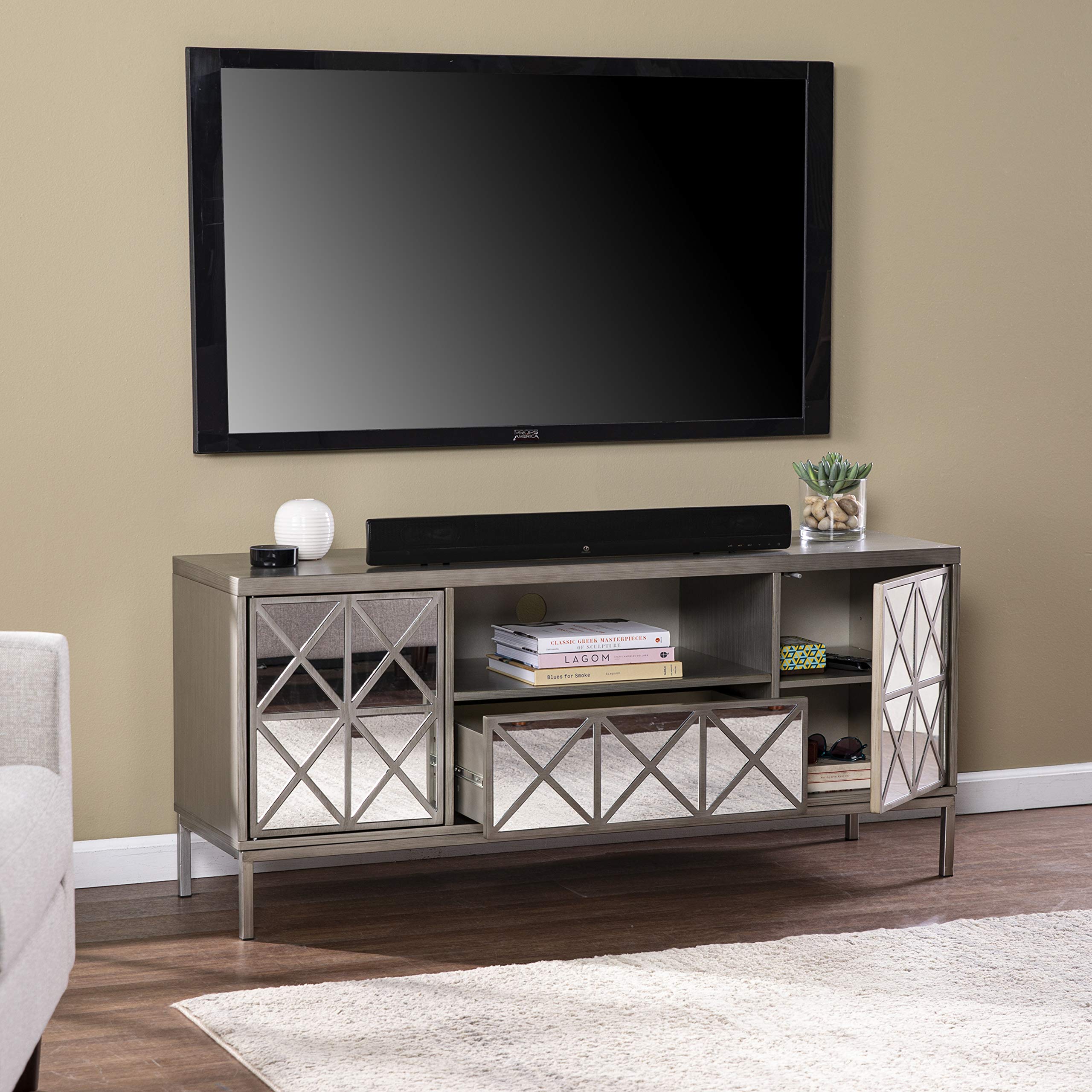 SEI Furniture Downley Storage TV Stand Media Console with Mirror Finish - Silver Modern Entertainment Center for Living Room, Bedroom, or Home Theater