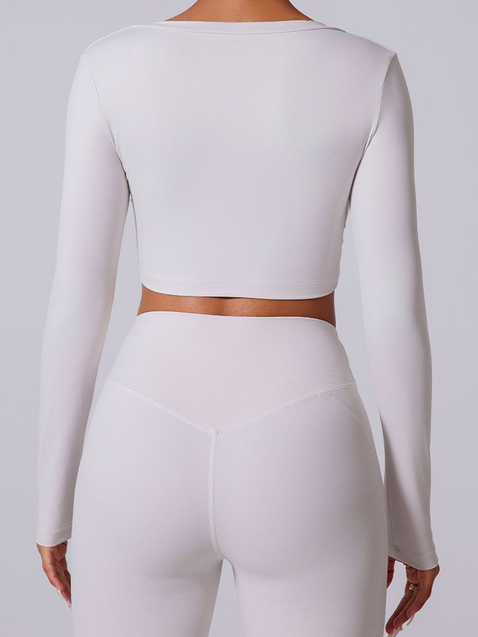 ZASUWA Women's Deep V Neck Twist Detail Elastic Quick Dry Long Sleeve T-Shirt - Perfect for Yoga, Workout & Casual Wear