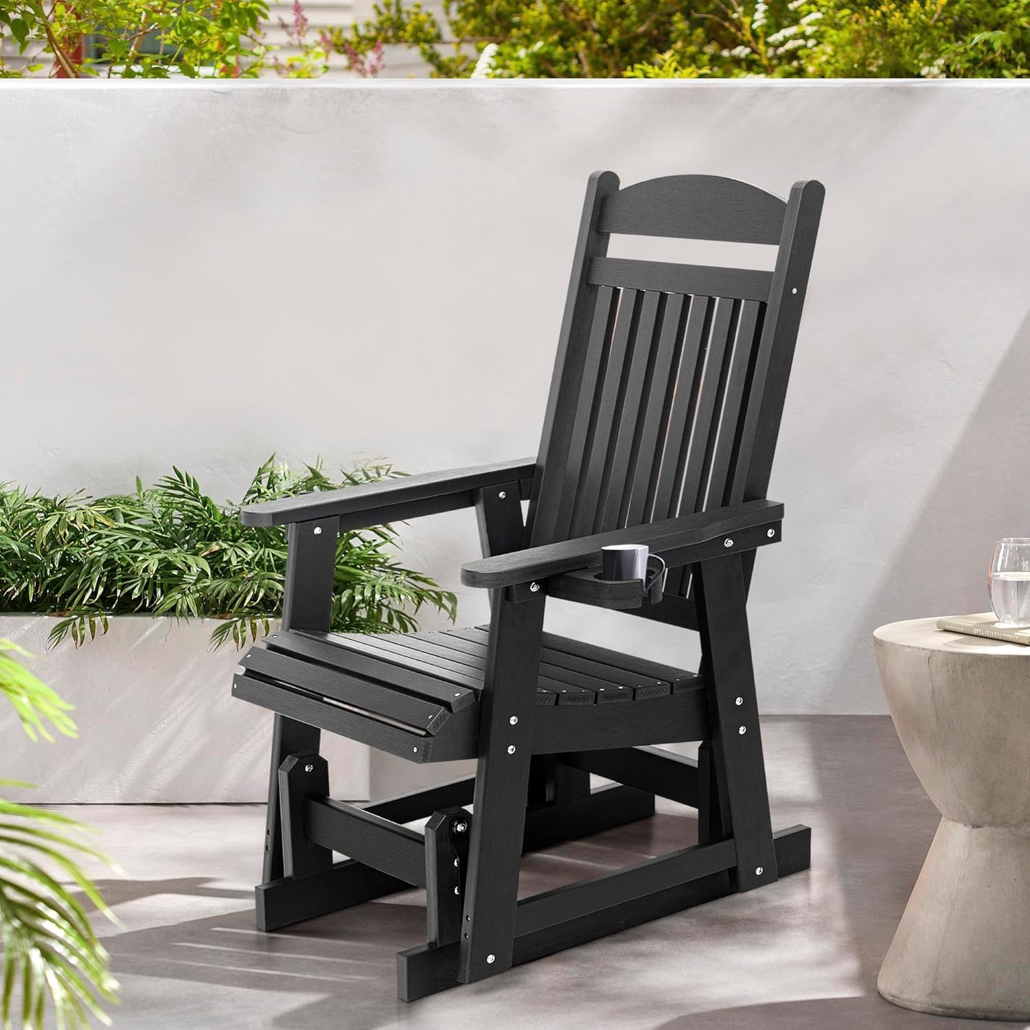 Poly Lumber Single Person Patio Glider with Cup Holders - High Back Support & Contoured Seat - Heavy Duty 700lb Capacity All-Weather HIPS Material (Matte Black) - Perfect for Porch, Deck, Garden or Poolside Relaxation