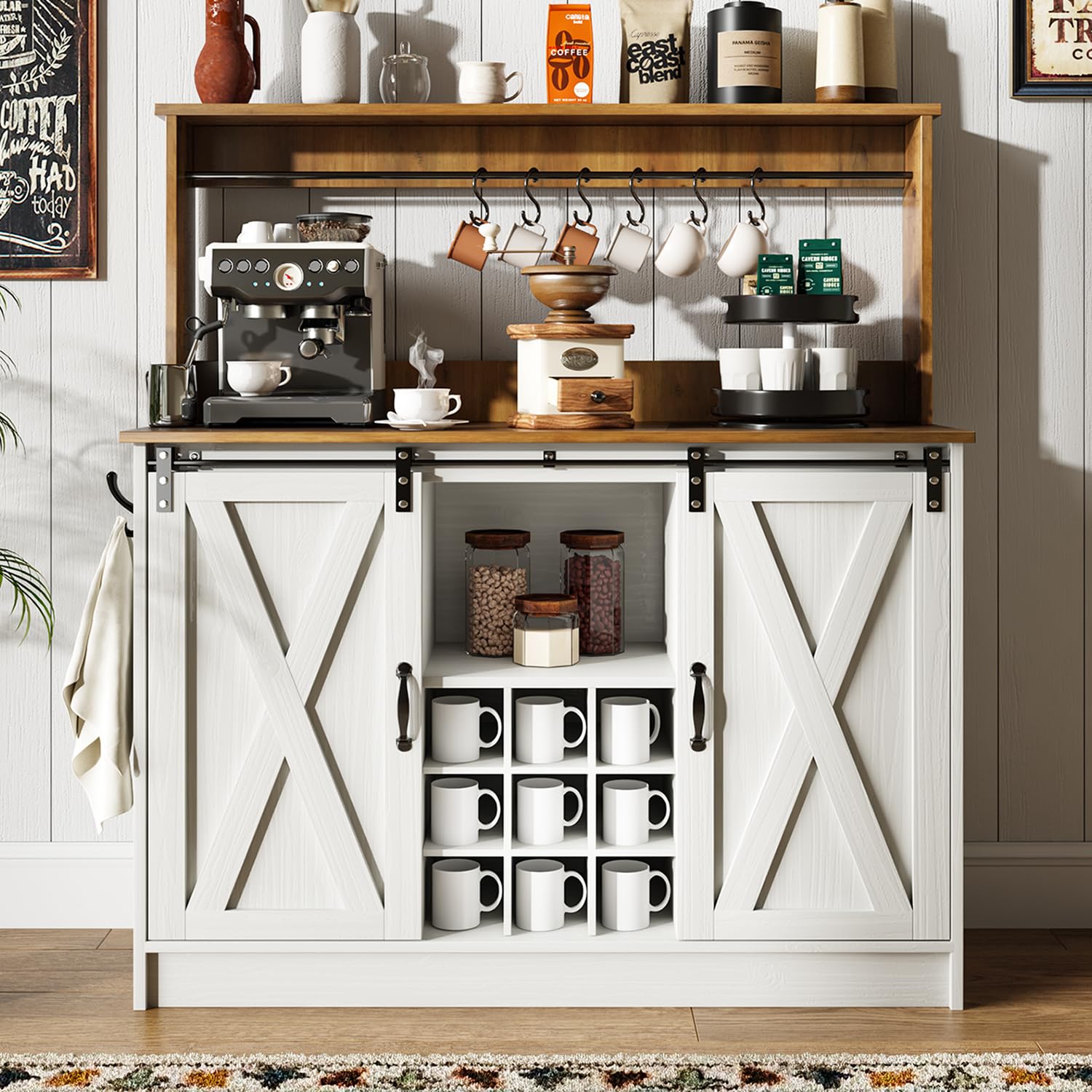 Farmhouse Coffee Bar Cabinet with 6 Hooks & 9 Wine Racks - 47