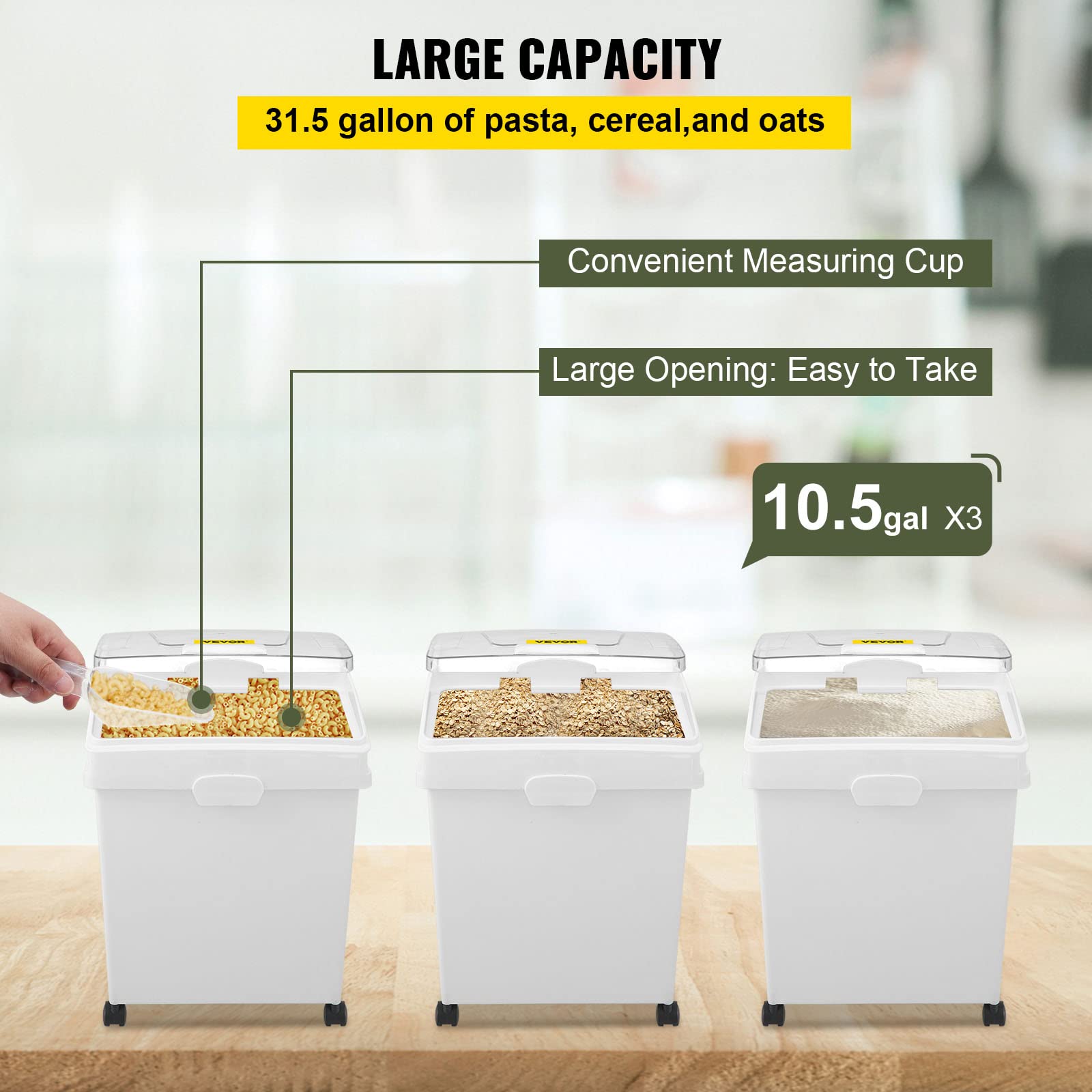VEVOR 10.5 Gallon Commercial Ingredient Storage Bin Set - 3-Piece White PP Plastic Flour Bins with Wheels, Scoop & Sliding Lid - Ideal for Bakery, Restaurant, and Bulk Food Storage Organization