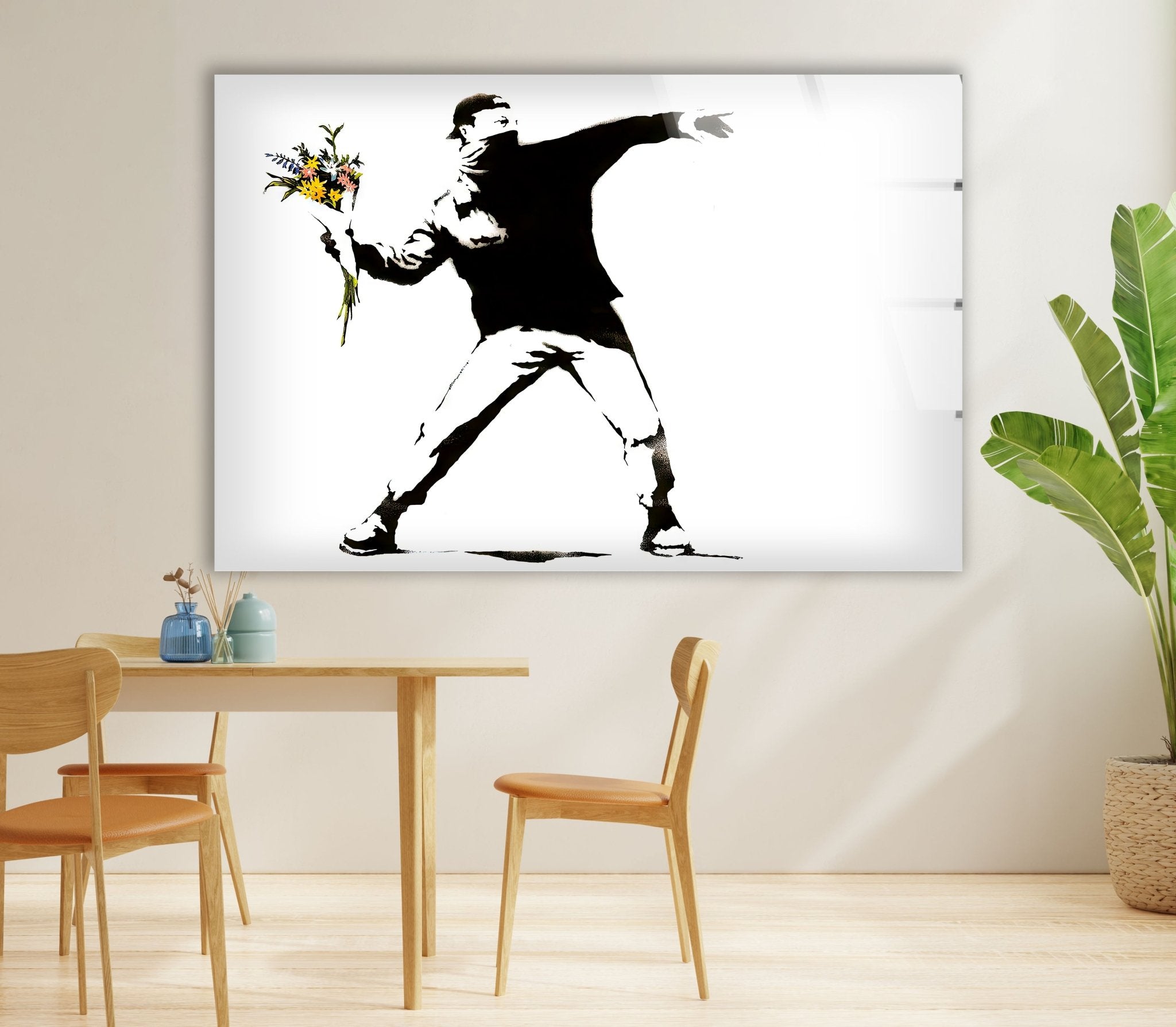 Banksy Flower Thrower Glass Wall Art - Stunning Framed Home Decor for Living Room, Bedroom & Office - Unique Gift Idea for Art Lovers