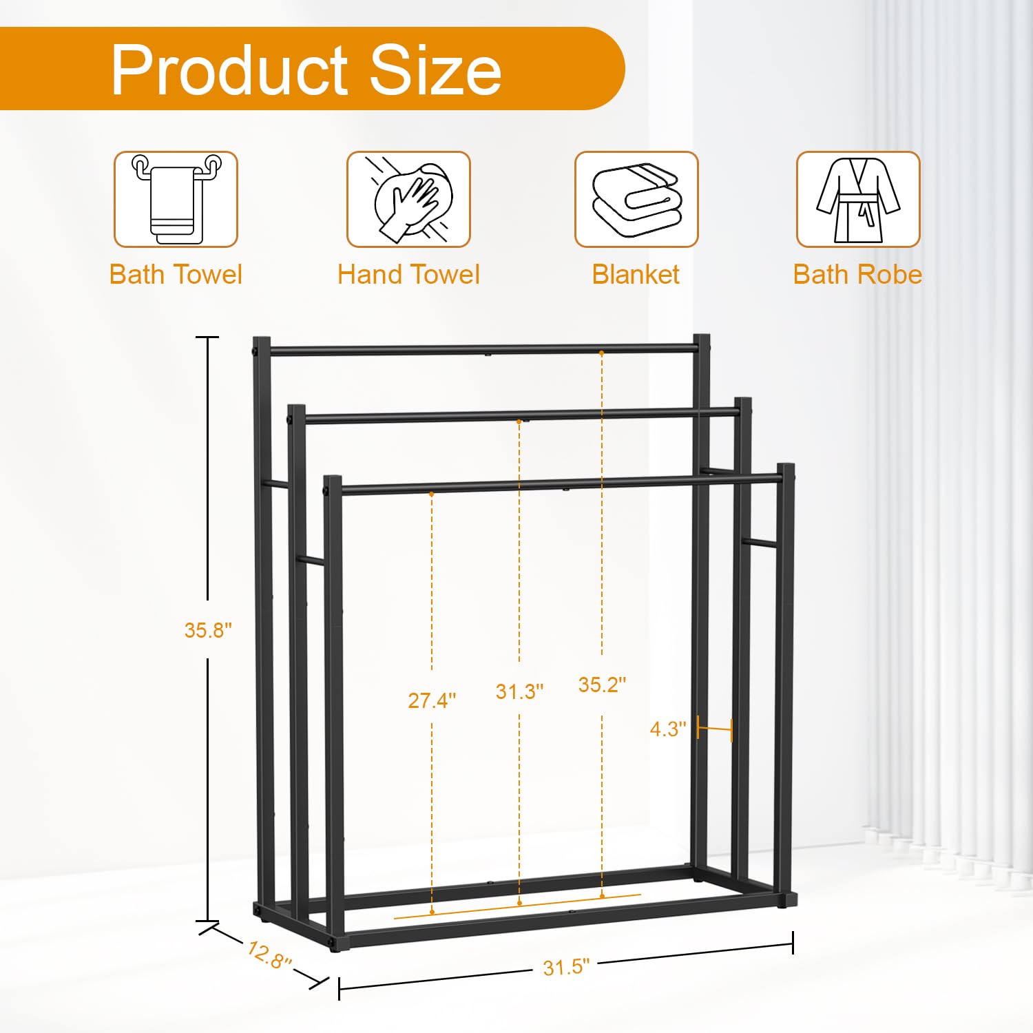 3-Tier Heavy Duty Towel Rack for Bathroom - Free Standing Wide Towel Holder for Oversized Bath Towels, Pool Blankets & Outdoor Use - Durable Black Metal Drying Stand (Perfect for Spa, Gym & Beach House Organization)
