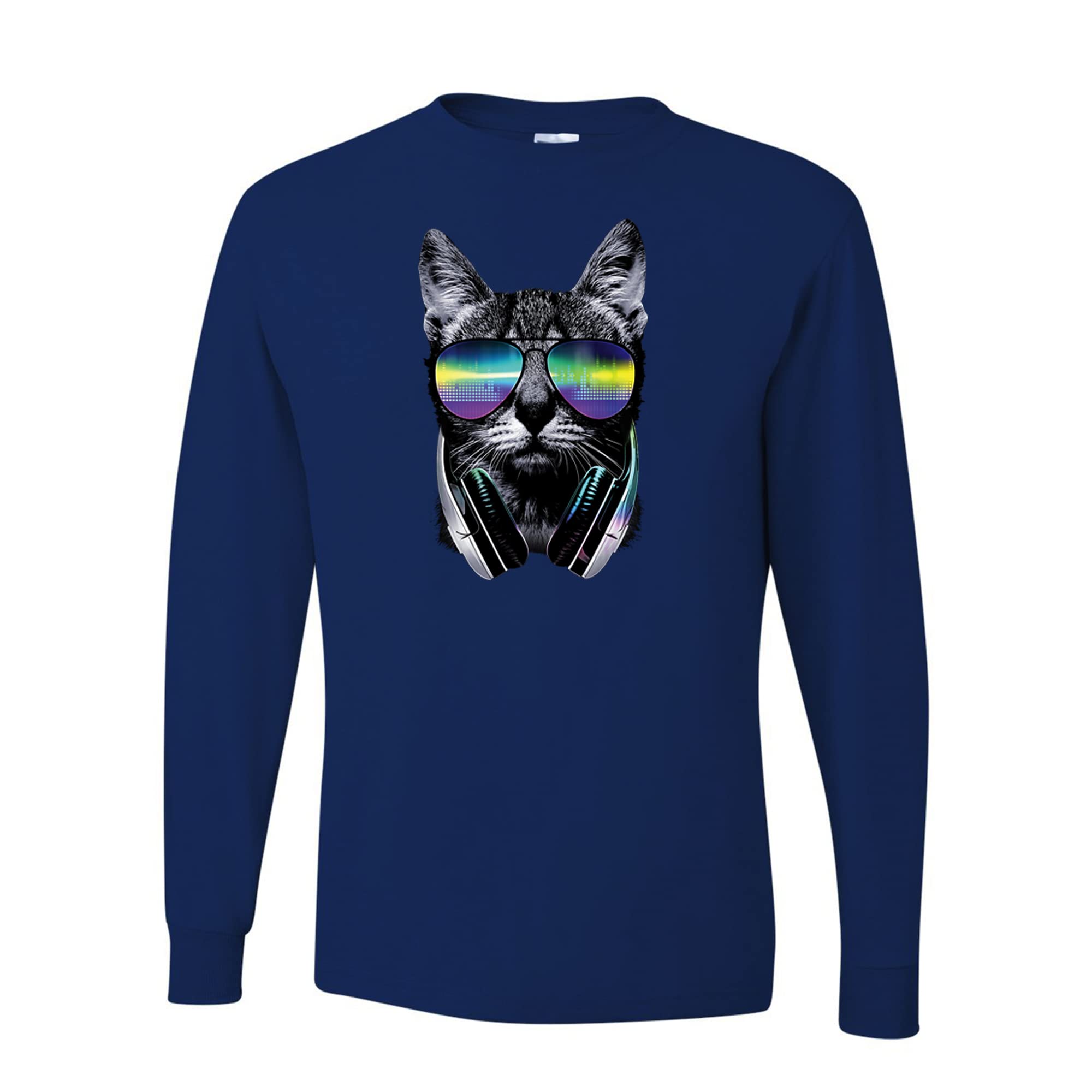 DJ Cat Kitty with Headphones Graphic Print Men's Long Sleeve T-Shirt - Perfect Gift for Cat Lovers & Music Fans - Casual Wear, Concerts, Gifts