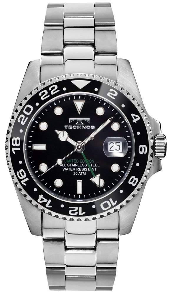 TECHNOS GMT Watch T2444SB Limited Edition - Premium Stainless Steel Men's Watch with Dual Time Zone - Perfect for Travel, Business & Everyday Wear