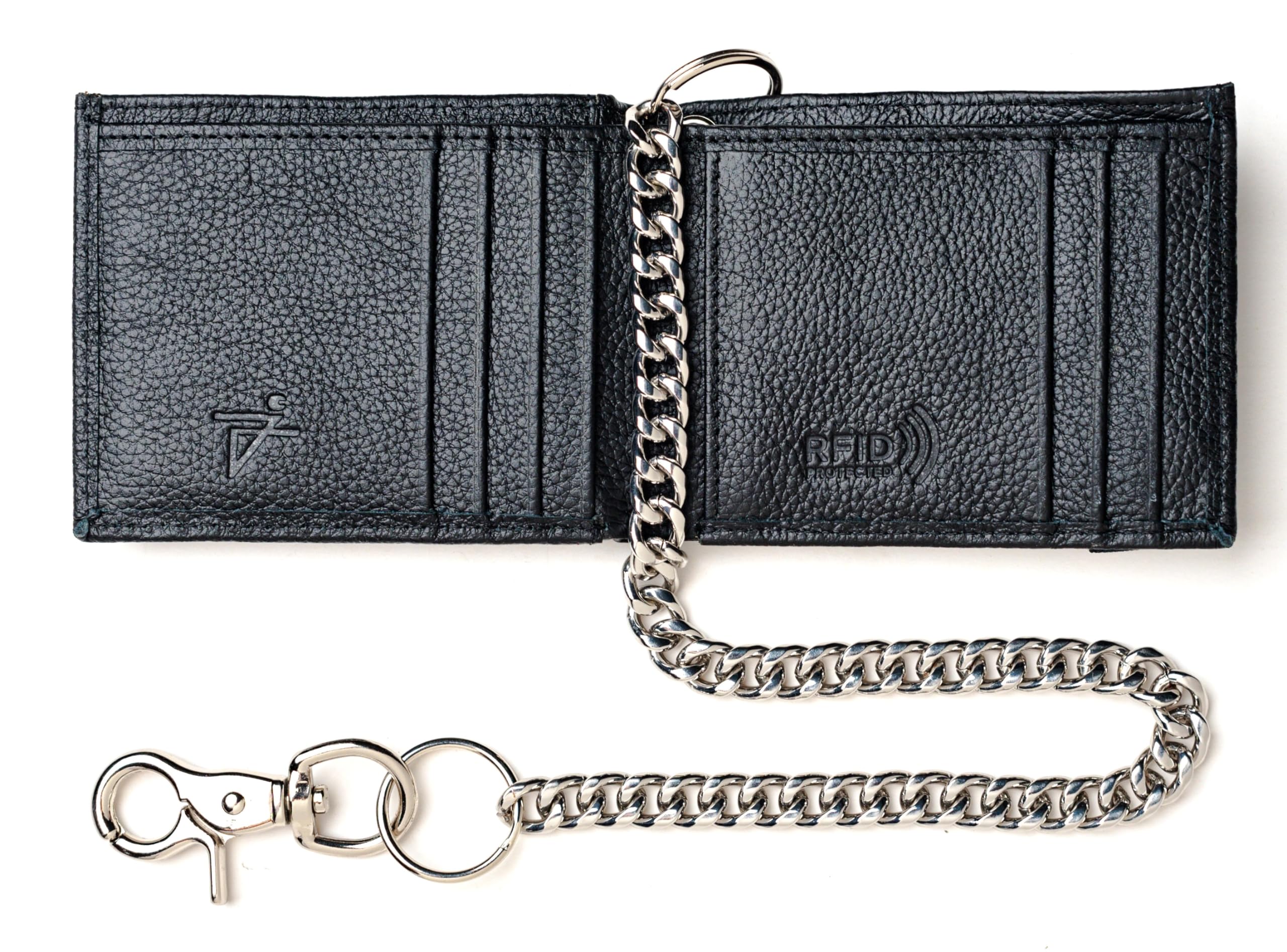 Slim RFID Blocking Bifold Leather Wallet for Men - Black & Blue with Elastic Key Holder & Chain | Secure Compact Card Holder for Travel, Business & Everyday Use