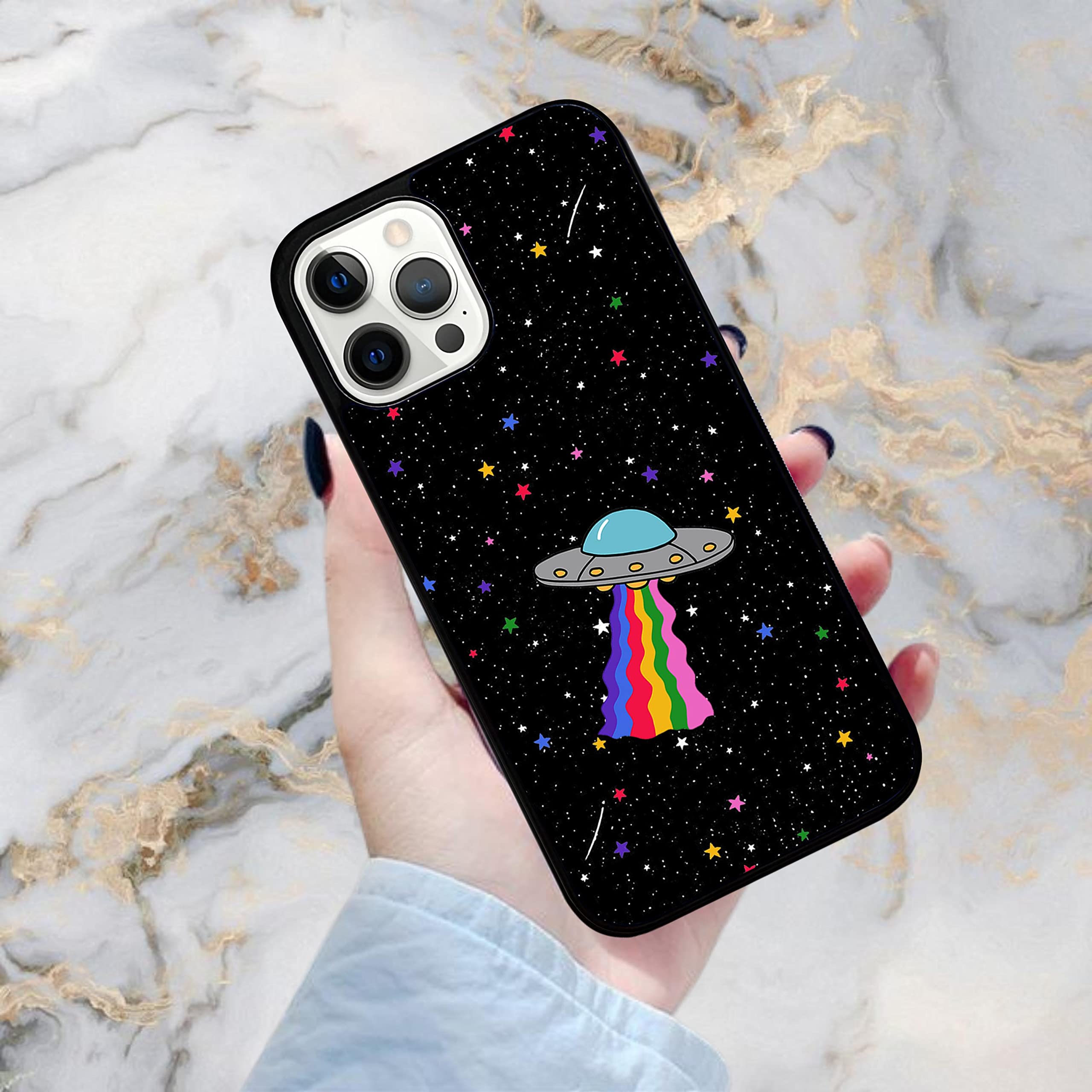 Alien UFO LGBT Gay Pride iPhone 13 Case - Durable Shockproof Non-Slip TPU Rubber Slim Cover - Perfect for Rave Parties, Pride Events & Everyday Protection (Black)