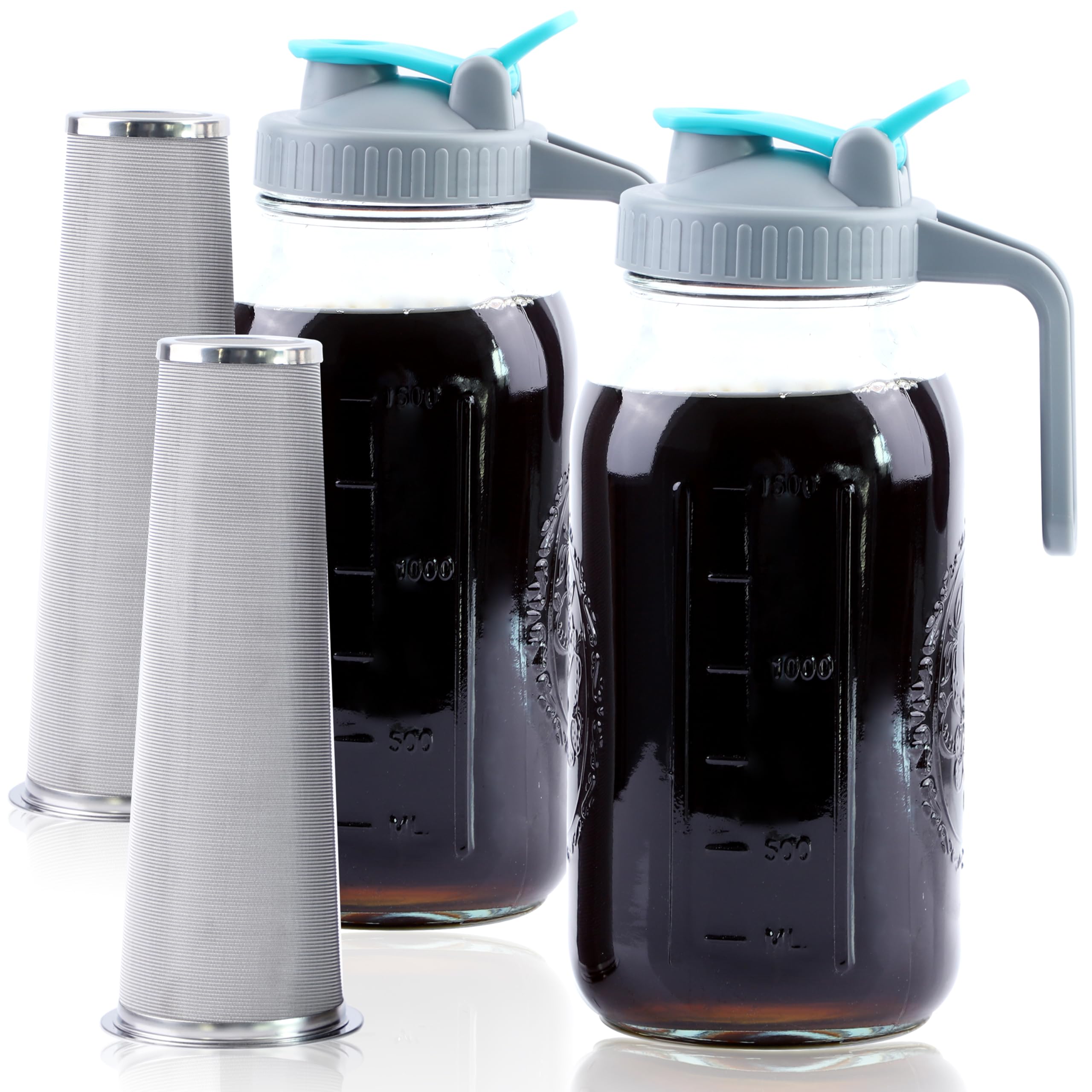 64 Oz Cold Brew Coffee Maker Set - Wide Mouth Mason Jar Glass Pitcher with Strainer & Spout Lids (Half Gallon/2 Quart) - Perfect for Iced Coffee, Lemonade, Milk Storage & Refrigerator Use - Ideal for Home, Office & Outdoor Activities