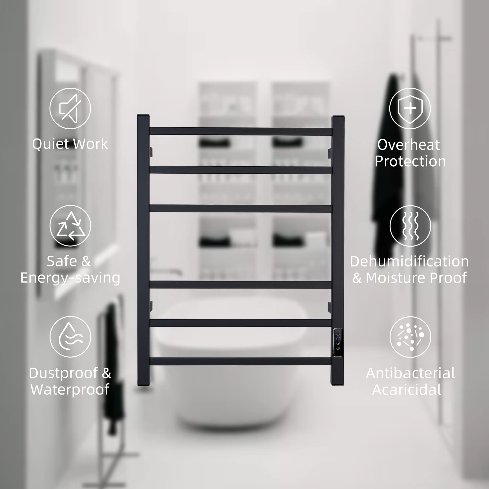 ETW13C Electric Heated Towel Rack - Wall Mounted Bathroom Towel Warmer with Built-in Timer, Black - Perfect for Spa, Luxury Bathroom & Home Comfort