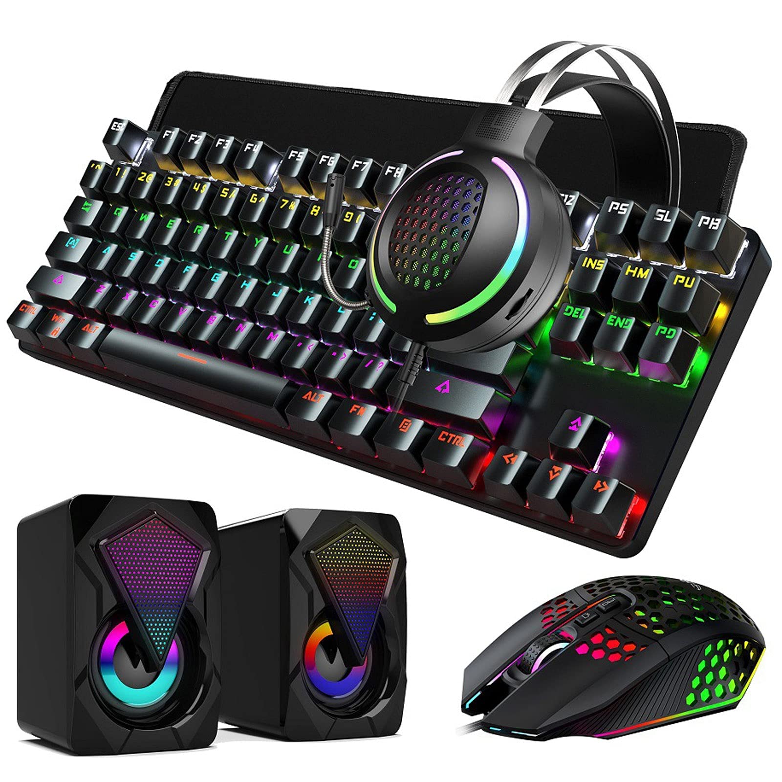 Wired Mechanical Keyboard Mouse Headset Combo - Green Switch Gaming Keyboard, RGB Gaming Mouse & Headphones for PC/Laptop - Perfect for Esports, Streaming & Office Work (Multi-Colored)