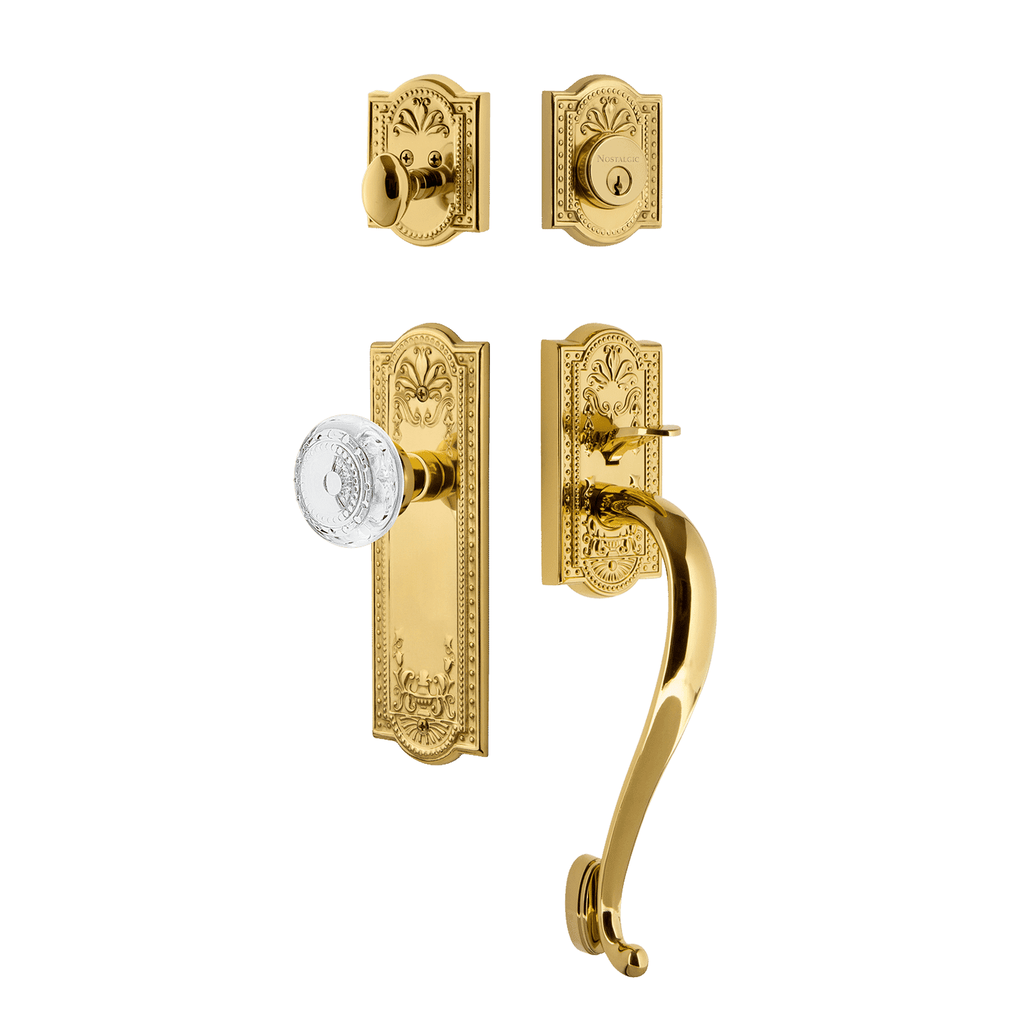 Polished Brass Meadows Handleset with S-Grip & Long Plate - Crystal Knob for Elegant Home Door Hardware | Perfect for Entry Doors, Bedrooms & Interior Decor