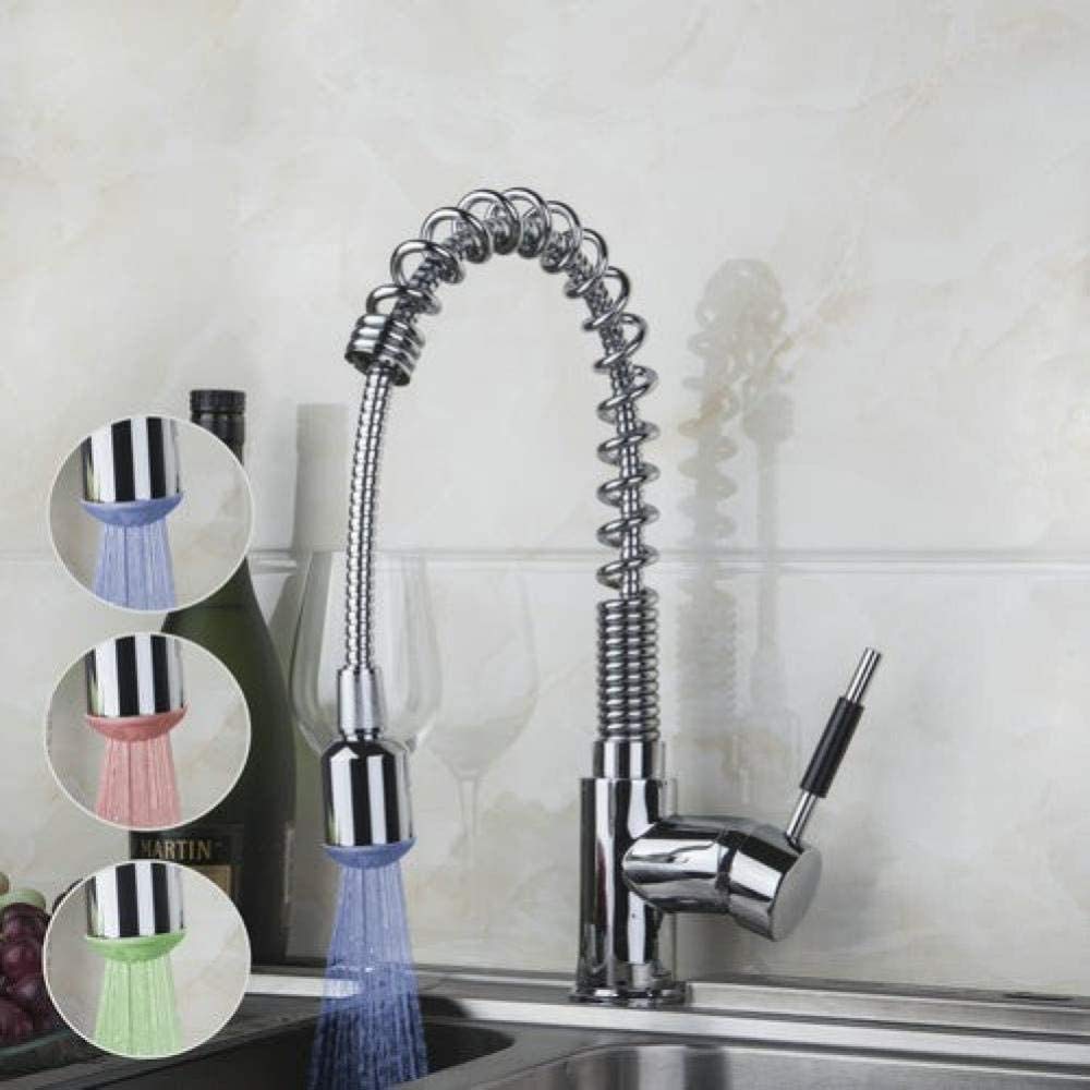 LED Light Pull Out Swivel Kitchen Faucet - Single Handle Deck Mount Chrome Water Tap for Modern Sink - Perfect for Cooking, Washing Dishes & Home Renovation