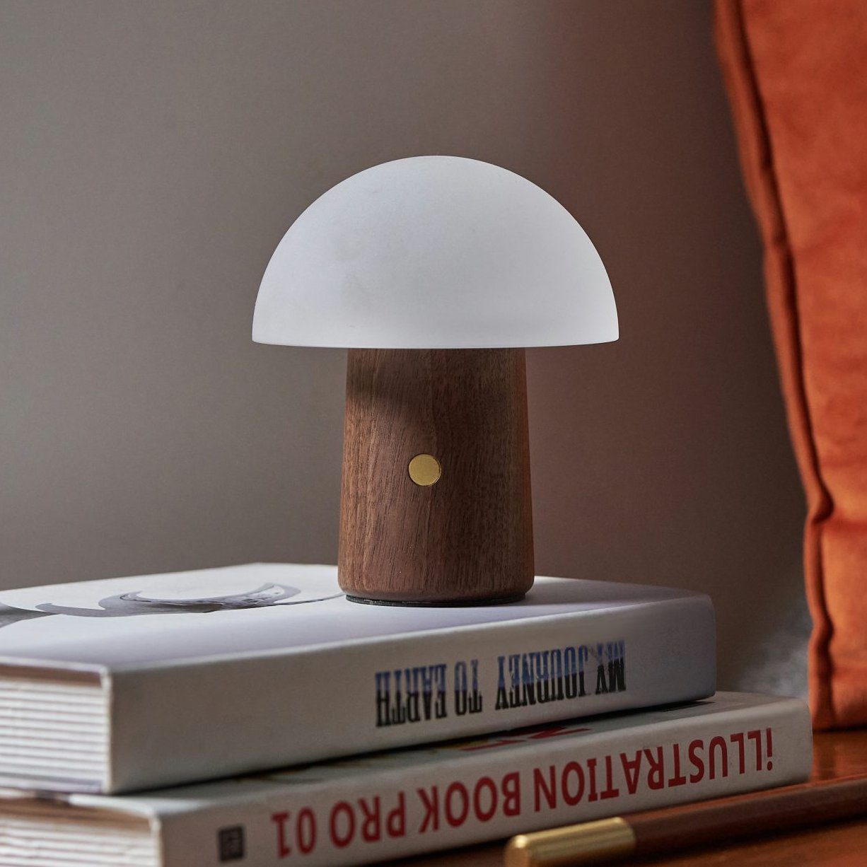 GINGKO Alice Mushroom LED Night Light - Wireless Rechargeable Mini Table Lamp with Walnut Base - Perfect for Bedroom, Nursery, Kids Room & Home Decor