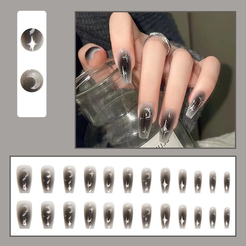 24PCS Grey Black Press on Nails Medium Length - Glossy White Silver False Nails with Star Moon Blush Designs - Full Cover Glue on Artificial Acrylic Fingernails for Women & Girls - Perfect for Parties, Weddings, and Daily Wear