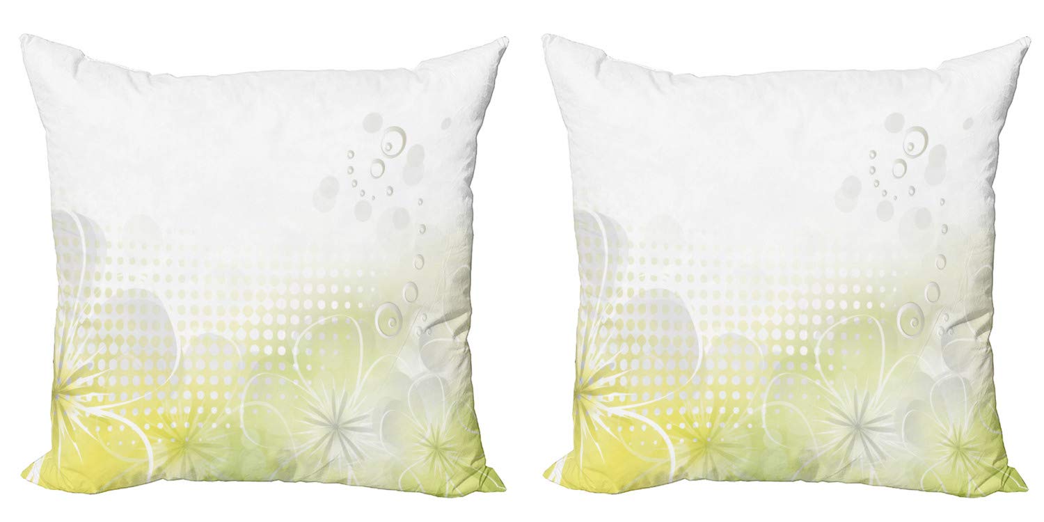 Ambesonne Abstract Grunge Design Throw Pillow Covers Pack of 2 - Water Bubbles & Flowers Pattern in Pale Yellow & Grey - 24