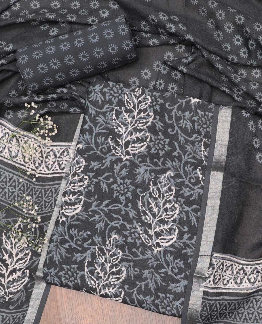 Stylish Black Chudidhar Set with Floral & Paisley Print Cotton Top, Floral Printed Bottom & Geometric Dupatta - Perfect for Festivals, Weddings & Cultural Events
