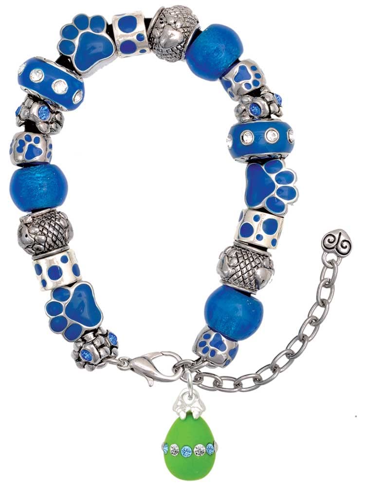 Delight Jewelry Blue Paw Print Bead Bracelet - Silvertone Easter Egg Charm with Crystal Band, Adjustable 7