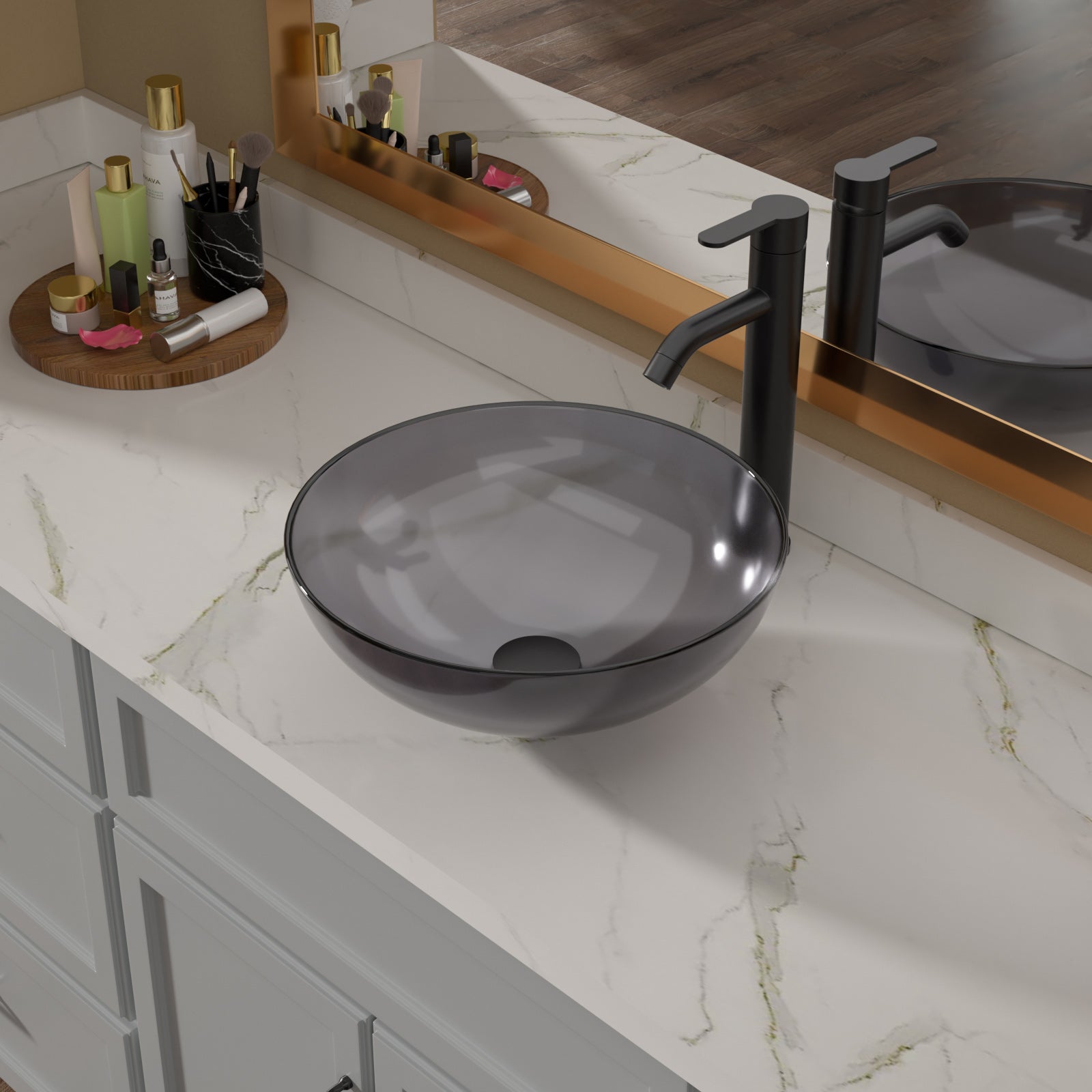 Lordear 16x16 Inch Tempered Glass Vessel Bathroom Sink with Pop-Up Drain - Modern Above Counter Basin for Bathroom Vanity, Powder Room & Guest Bath Installation