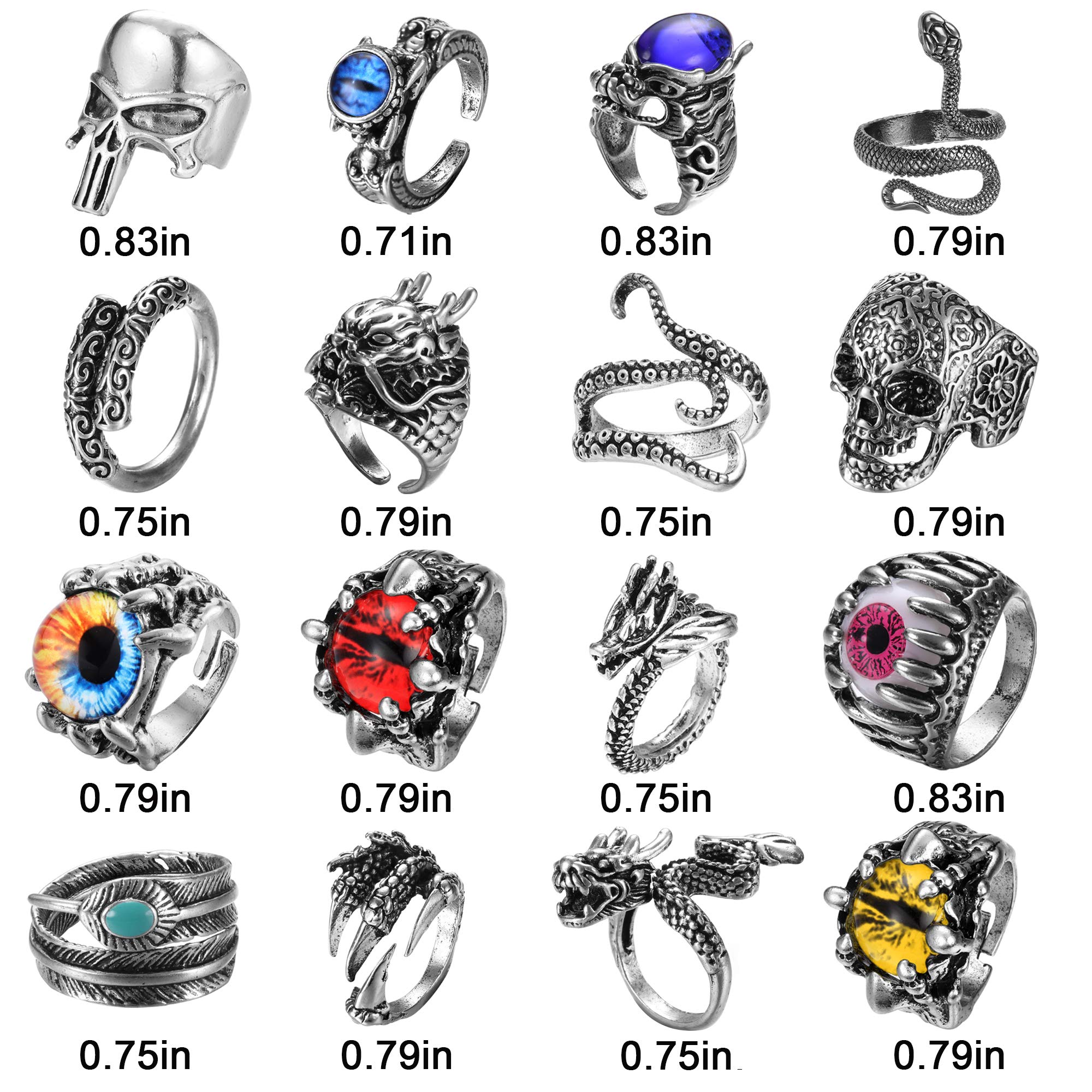 Vintage Punk Rings Set for Men & Women - 16 Piece Gothic Jewelry with Dragon, Snake, Skull & Octopus Designs - Adjustable Silver & Black Rings for Alternative Fashion, Halloween & Cosplay