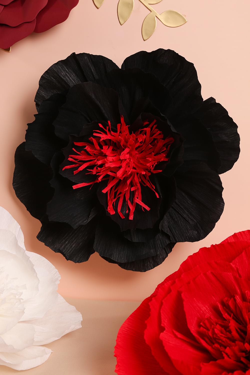 Large Crepe Paper Flowers for Wall Decor - Wedding Backdrop, Nursery, Bridal Shower, Graduation & Birthday Party (Set of 6 - Black, Red, White) | Easy No-Assembly Floral Decorations for Home & Event Styling