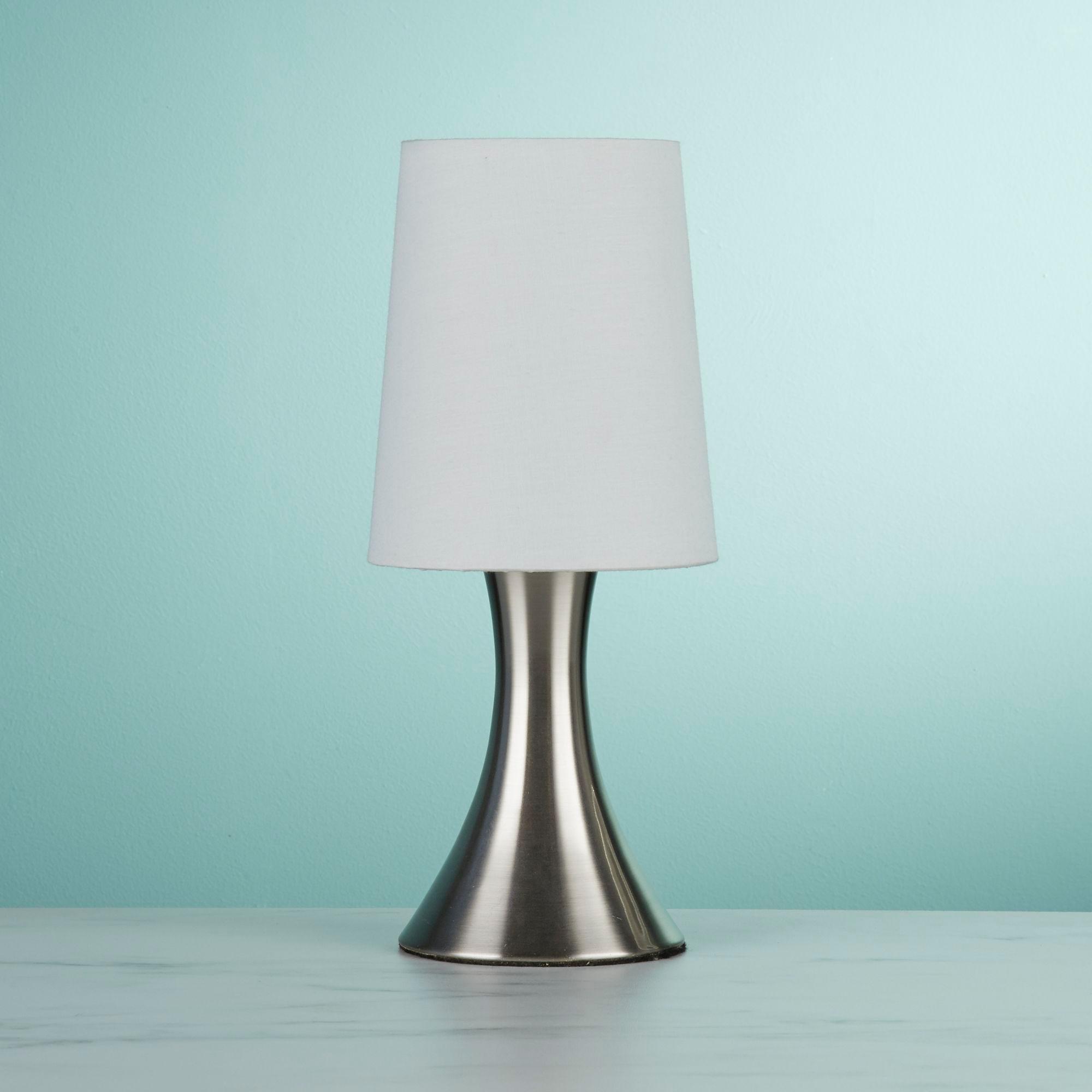 Modern Touch Table Lamp with Satin Silver Finish & White Tapered Shade - Perfect for Bedroom Nightstand, Living Room Side Table, and Office Desk Lighting