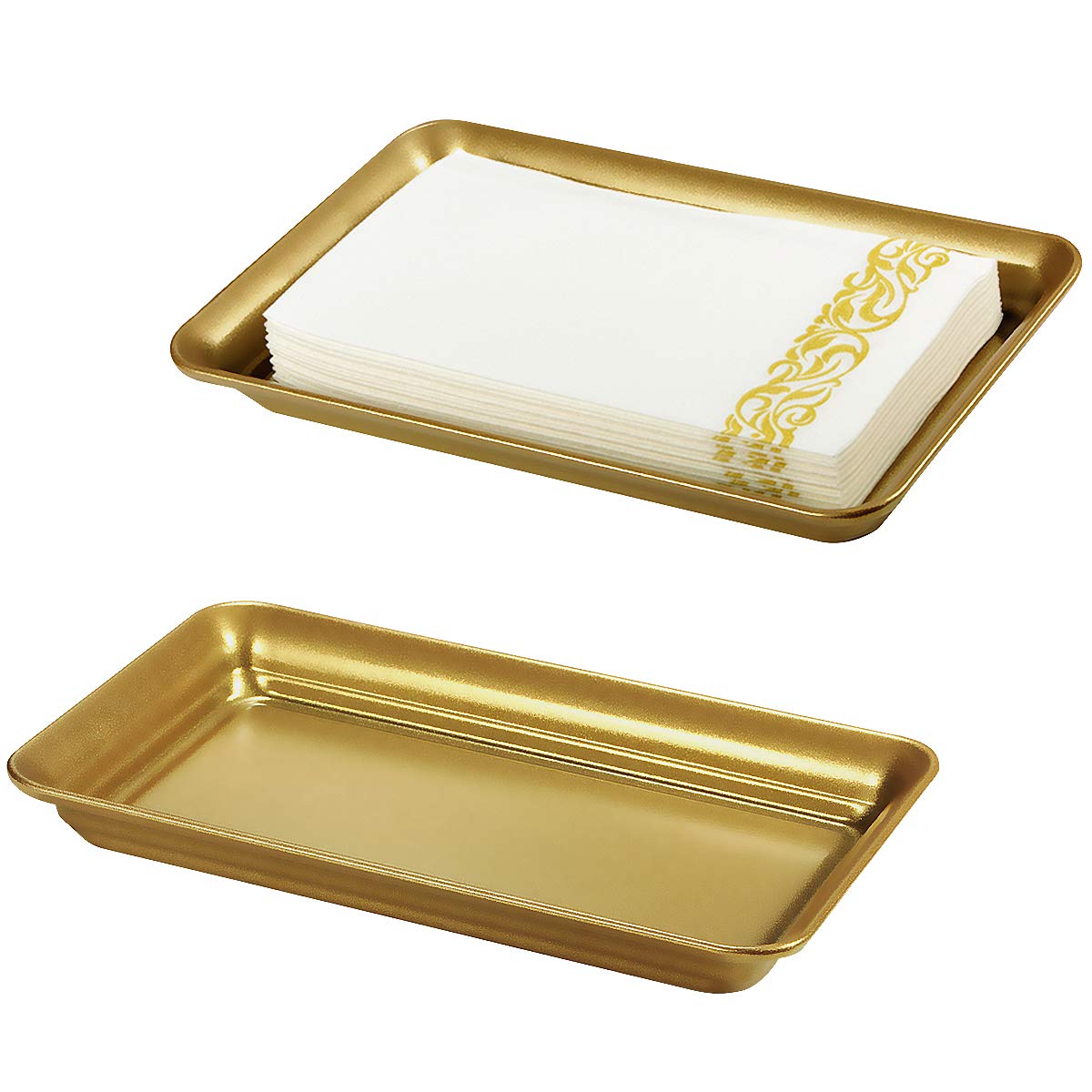 Vintage Farmhouse Decor Metal Vanity Tray (2 Pack) - Gold Countertop Organizer for Hand Towels, Perfume, Cosmetics, Jewelry & Makeup | Bathroom & Guest Room Storage Solution | Rustic Home Decor for Vanity, Dresser & Nightstand
