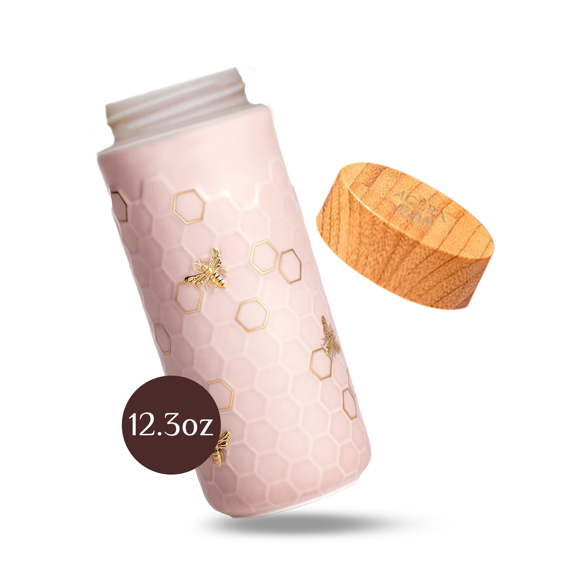 ACERA Liven Honey Bee Ceramic Travel Mug - 16oz Insulated Tumbler with Leak-Proof Lid, Double-Walled Ceramic Coffee Cup for Tea, Juice & Hot/Cold Drinks - Pink & Gold Design - Perfect for Office, Travel & Outdoor Activities