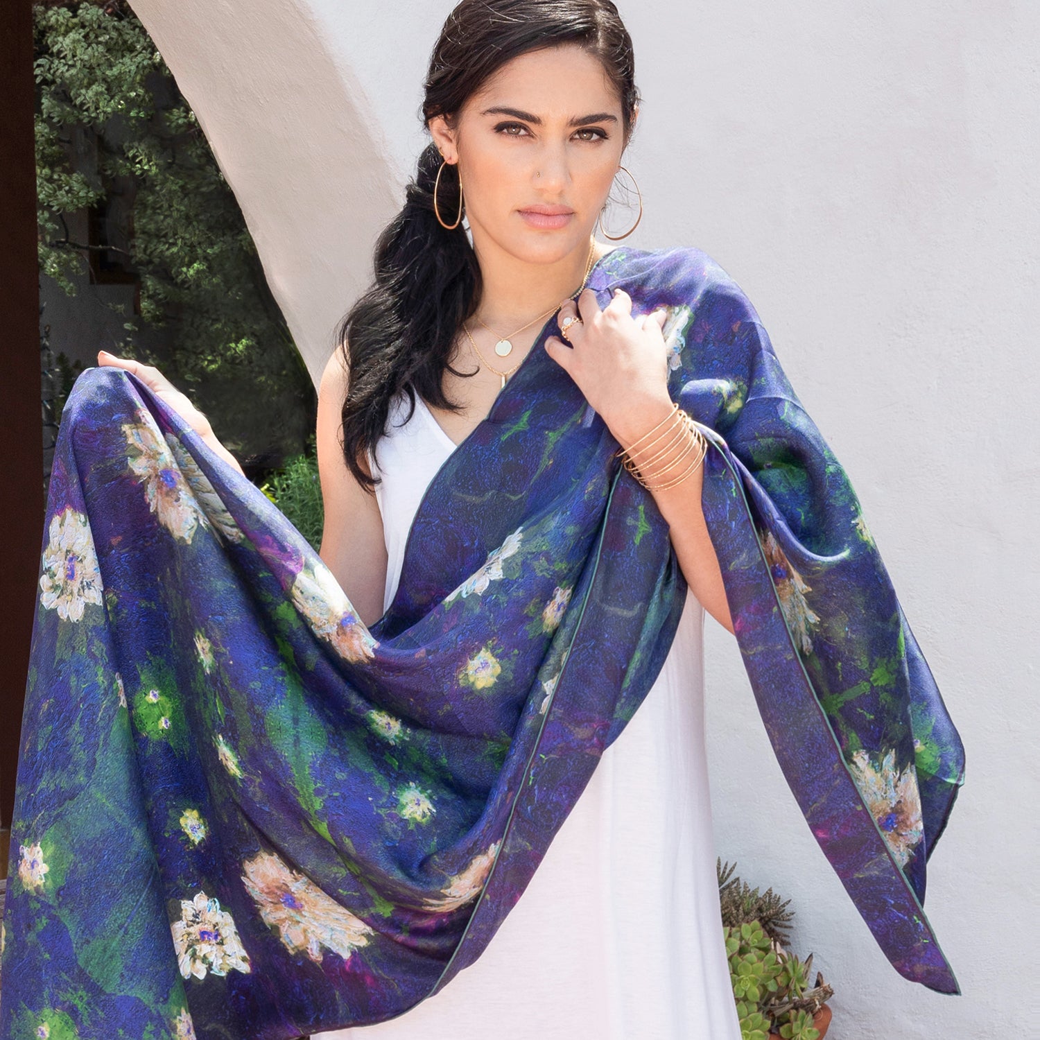 Elegant Lily Abstract Print Long Silk Scarf - Lightweight Luxury Fashion Accessory for Women, Perfect for Office, Evening Events & Travel
