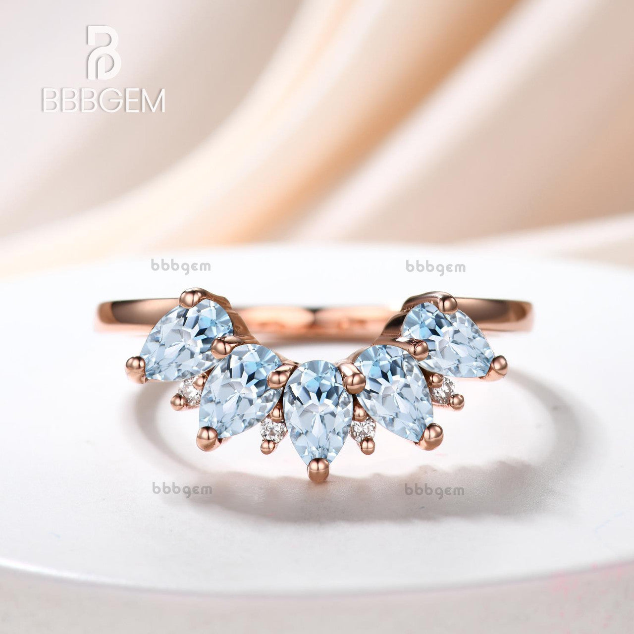 Pear Shape Icy Blue Aquamarine Five Stone Band with Moissanite Diamond Mother's Ring | Elegant Wedding, Anniversary & Mother's Day Jewelry Gift