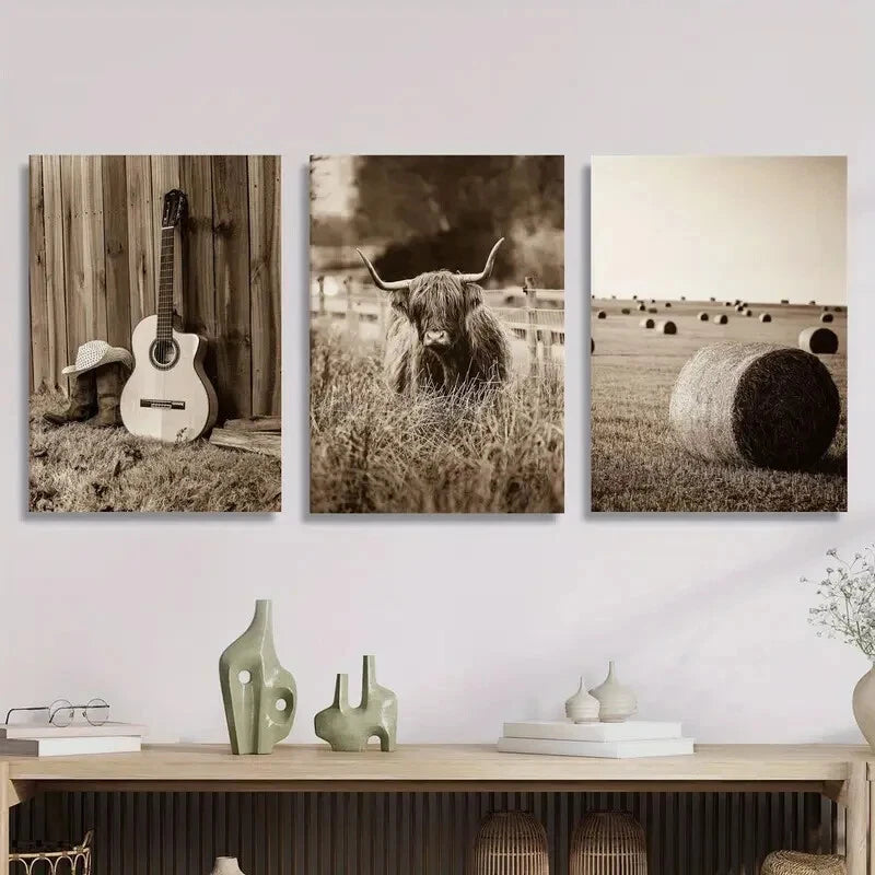 3-Piece Vintage Highland Cow & Guitar Wall Art Set - Framed Canvas 40x60cm - High Quality Print - 100% Australian Made - Ready to Hang - Perfect for Living Room, Bedroom & Office Decor