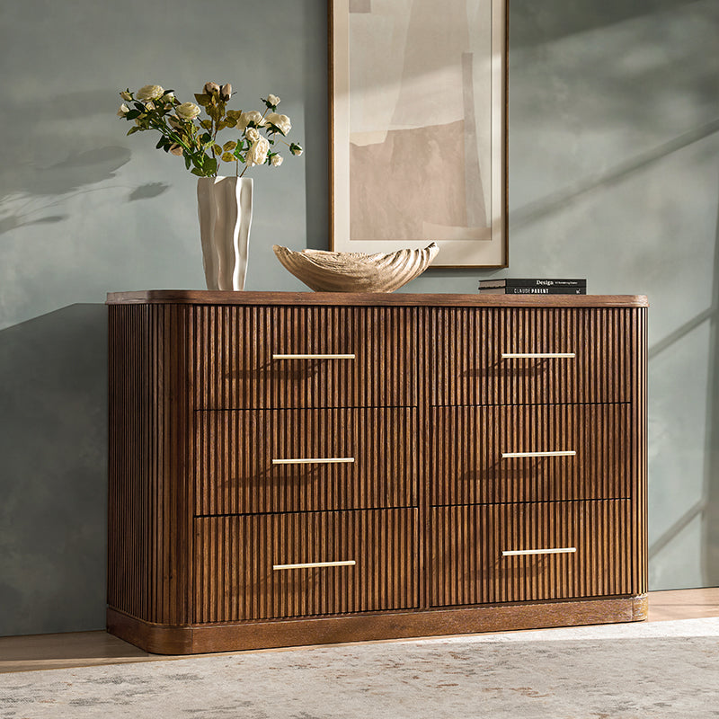 Modern Fluted Solid Wood Dresser with 6 Drawers - Oak Texture Bedroom Furniture for Master Bedroom, Guest Room & Nursery Storage