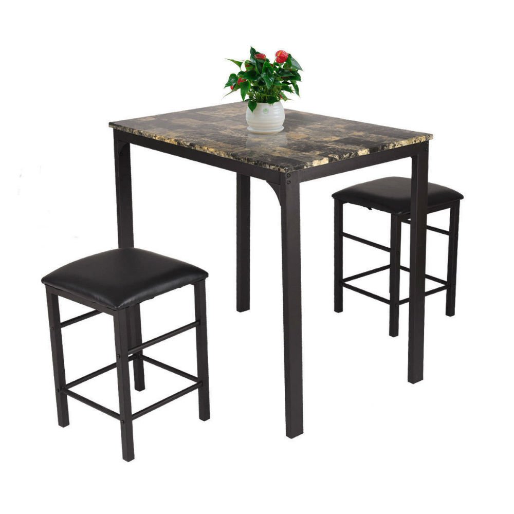 3-Piece Counter Height Dining Set with Faux Marble Table & 2 Chairs - Modern Kitchen Bar Furniture for Small Spaces, Breakfast Nooks & Apartment Dining Areas