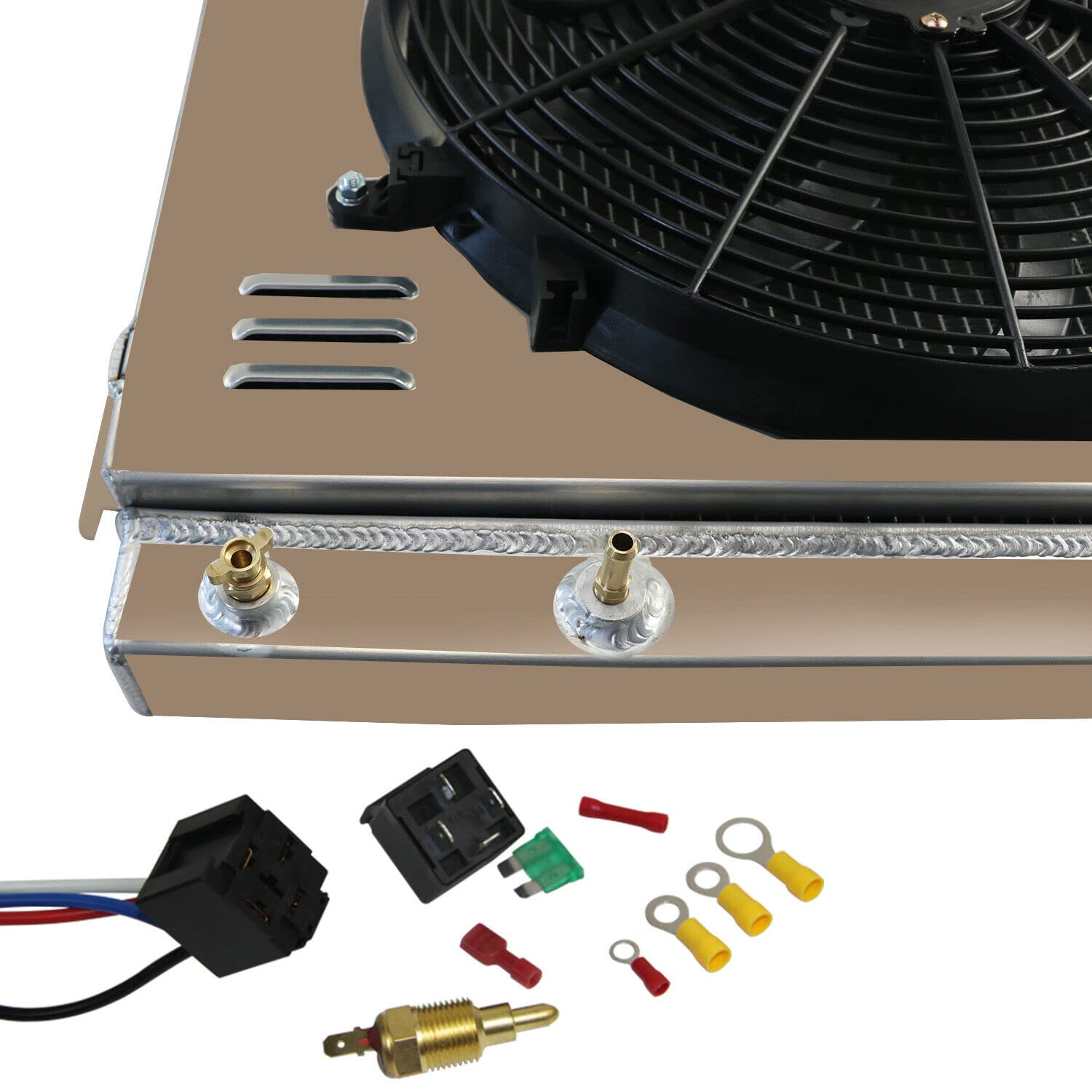 4 Row Aluminum Radiator for Dodge D100 D200 D300 B100 B200 B300 Van W100 W200 W300 Trucks (1970-1979) - Complete Cooling Kit with Shroud, Fan & Relay - Perfect for Restoration & Off-Road Use