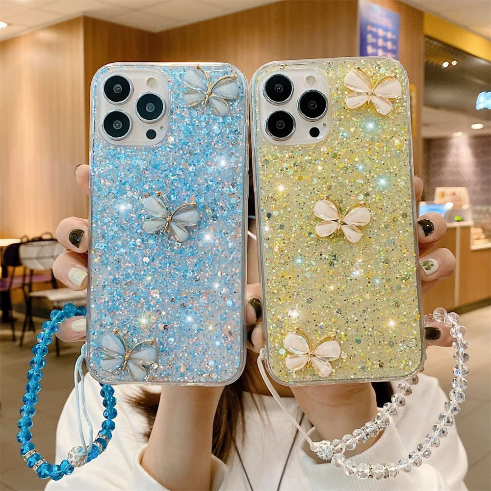 **3D Crystal Glitter Butterfly Phone Case for Samsung Galaxy A21s - Clear Soft TPU Shockproof Cover with Diamond Wrist Strap, Transparent Protective Case for Women & Girls (Pink) - Perfect for Everyday Use, Parties & Gifts**
