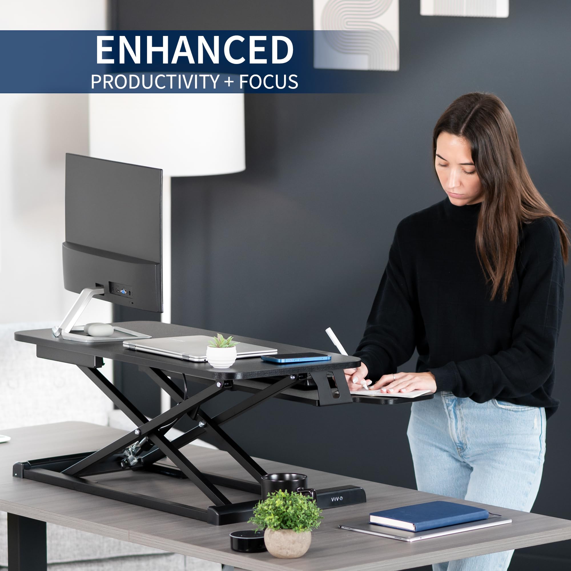 VIVO K Series 32 Inch Height Adjustable Sit Stand Desk Converter - Dual Monitor & Laptop Workstation with Wide Keyboard Tray, Black (DESK-V000K) - Perfect for Home Office, Gaming Setup & Ergonomic Workspace