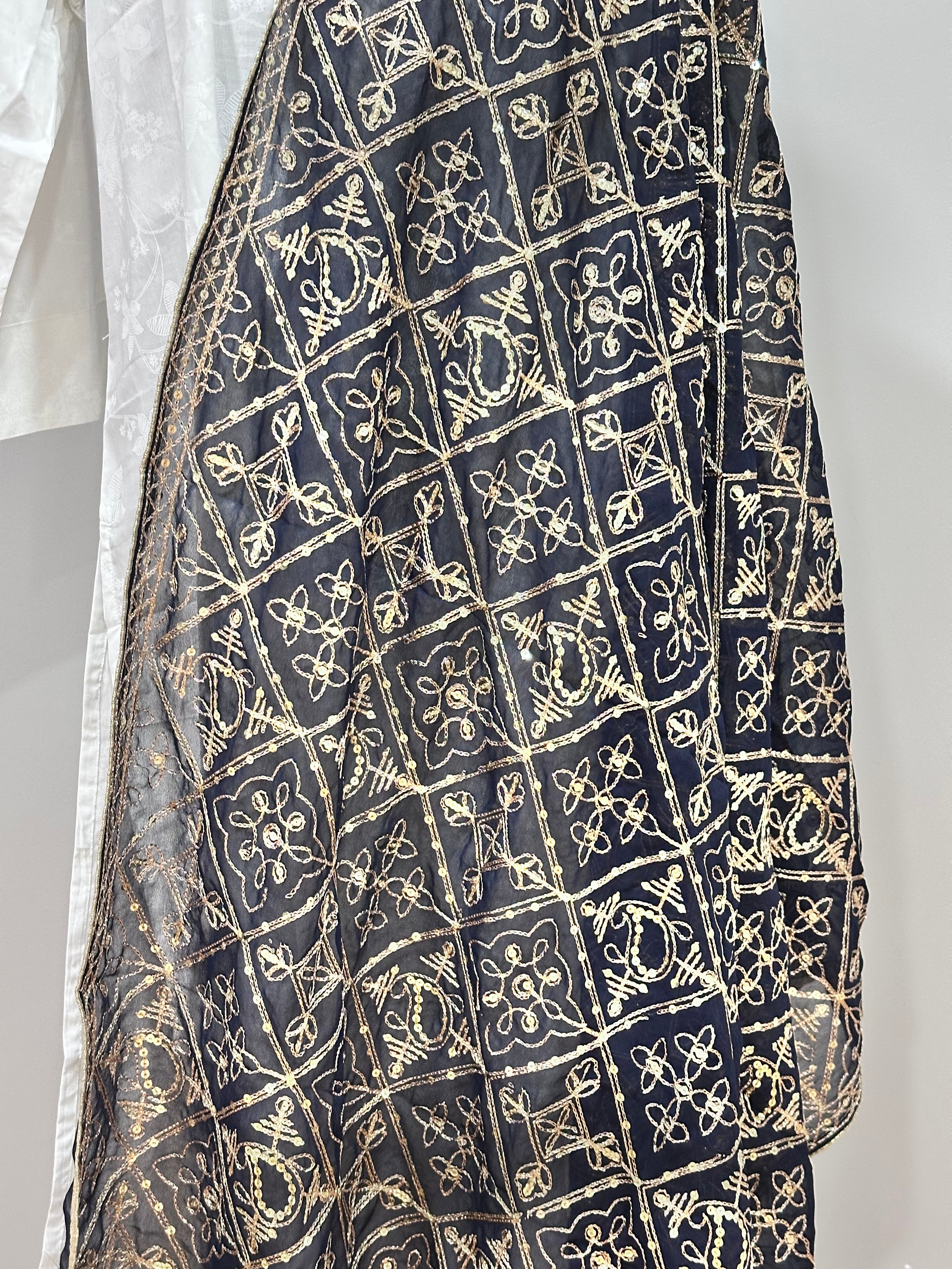 Elegant Black and Gold Embroidered Dupatta Scarf - Perfect for Weddings, Parties & Festive Occasions