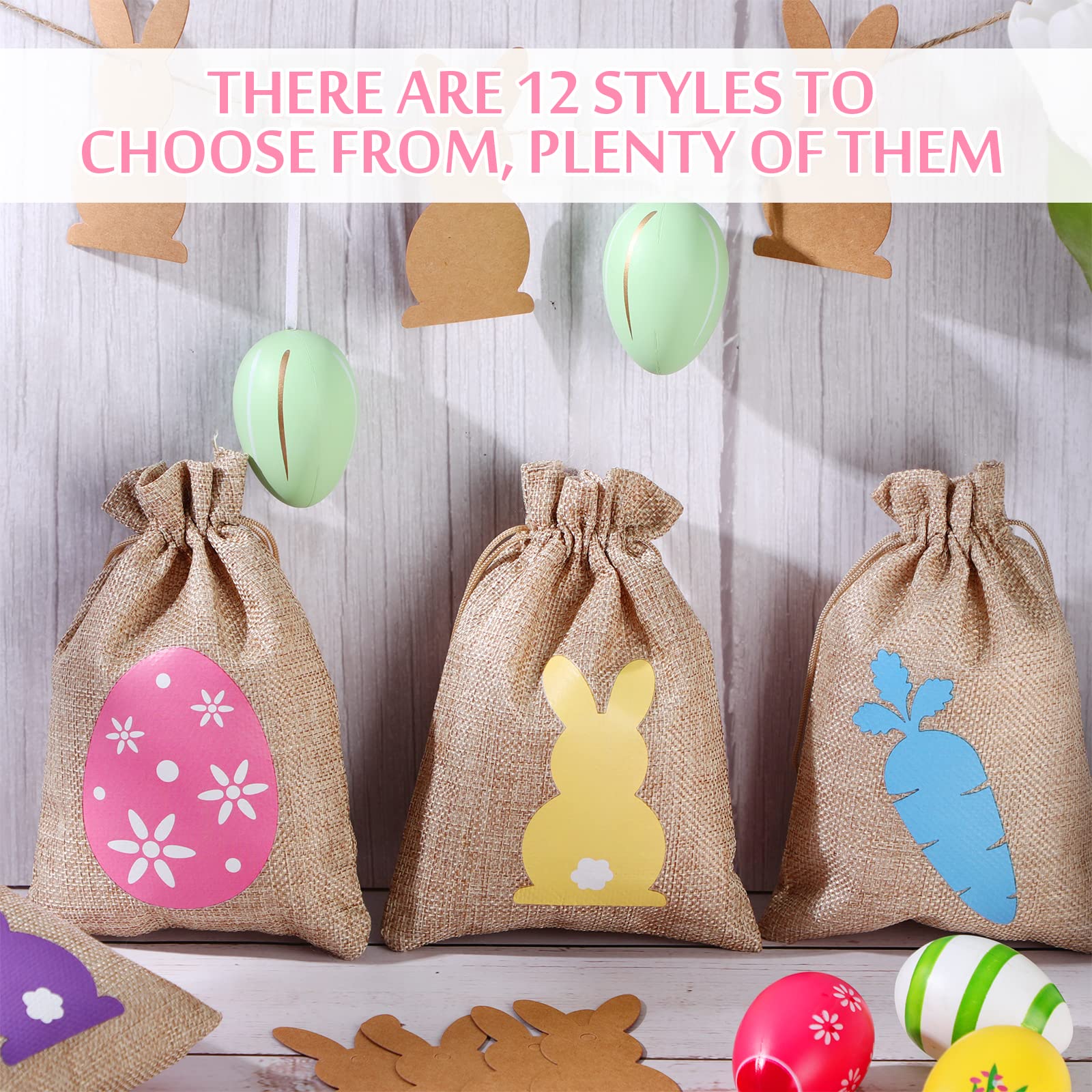 Shappy 24 Pcs Easter Burlap Drawstring Gift Bags - Bunny Linen Goodie Bags with Double Jute Drawstrings for Easter Egg Hunt, Party Favors, Candy Storage & Holiday Decorations (Cute Style)