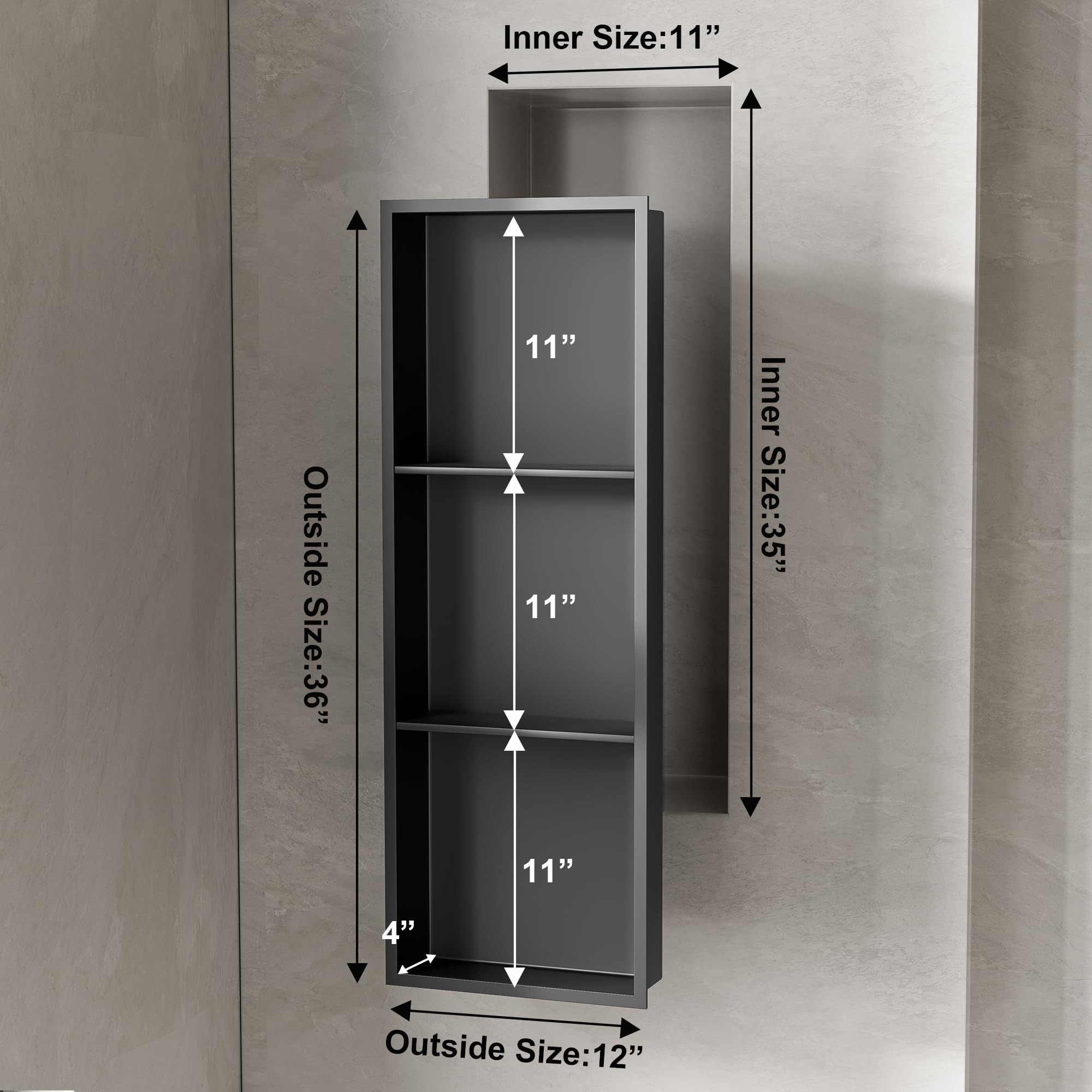 SUPERFLO 36x12 Inch Matte Black Stainless Steel Shower Niche - No Tile Needed Over Mount Wall Shelf with Partitions for Bathroom & Bedroom Storage | Waterproof Shower Organizer for Shampoo, Soap & Bath Essentials