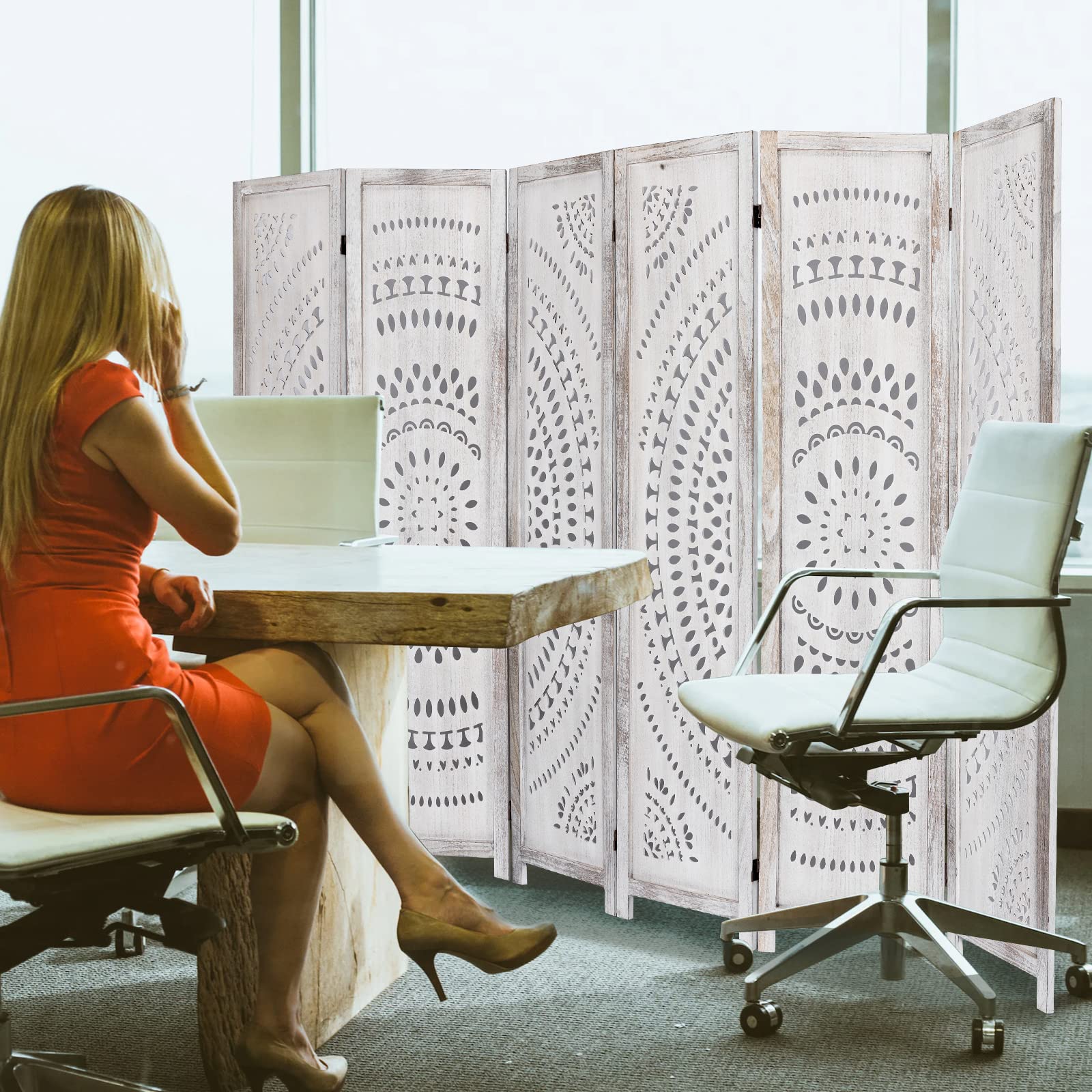 6 Panel White Wood Folding Room Divider Screen - 66.9 Inch Privacy Partition for Living Room, Bedroom & Office - No Assembly Needed - Perfect for Space Separation, Home Decor & Event Setup