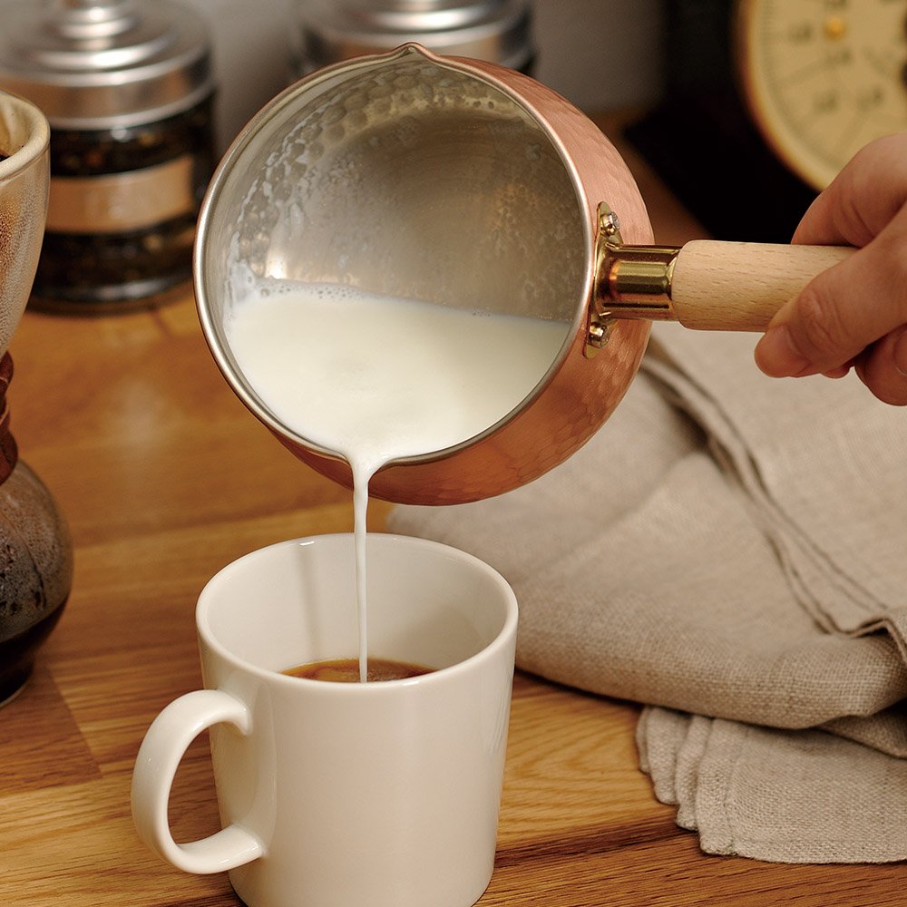 Premium Chitose Wooden Handle Hammered Copper Milk Pan 12cm - Perfect for Pouring Milk, Coffee & Tea - Ideal for Home Barista & Kitchen Use