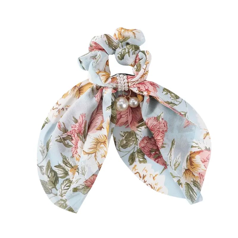 VSAKSH 2-Pack Printed Faux Pearl Bow Hair Scrunchies - Soft Fabric Elastic Hair Ties for Women & Girls - Perfect for School, Work, and Special Occasions