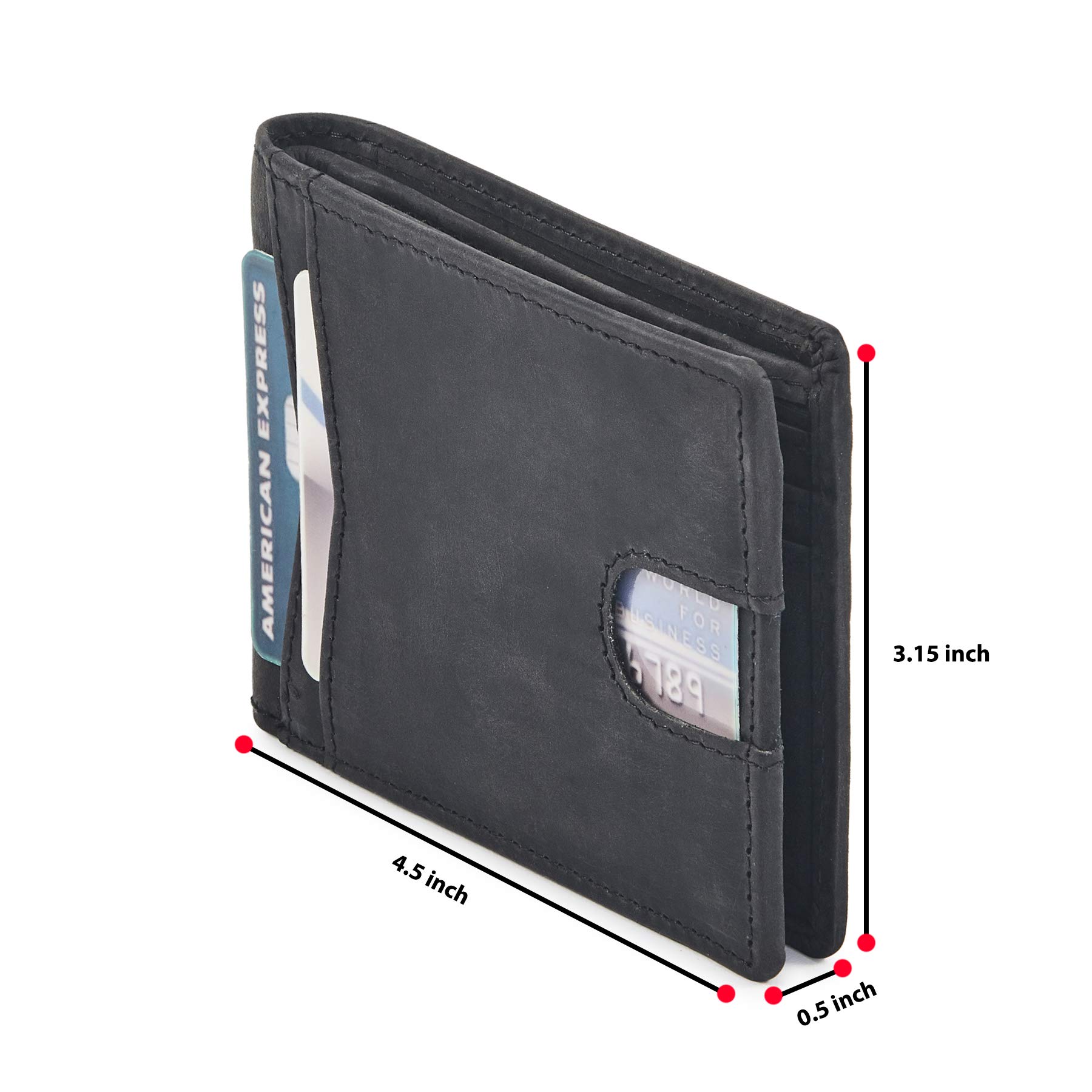 Premium Men's Bifold Leather Wallet - Slim RFID Blocking Front Pocket Wallet with ID Window | Genuine Crazy Horse Leather | Gift Box Included | Perfect for Everyday Carry, Business & Travel (Black)