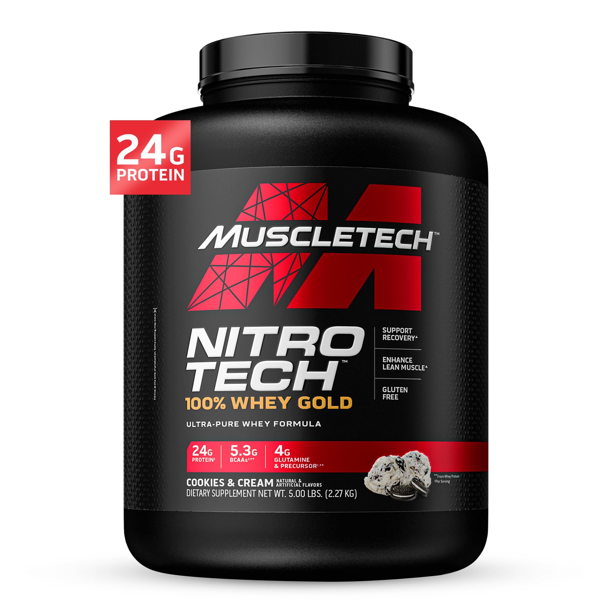 MuscleTech Nitro-Tech Whey Gold Protein Powder - Premium Whey Protein Isolate for Men & Women - Cookies & Cream Flavor - 5lb Pack - Post Workout Recovery & Muscle Building Supplement